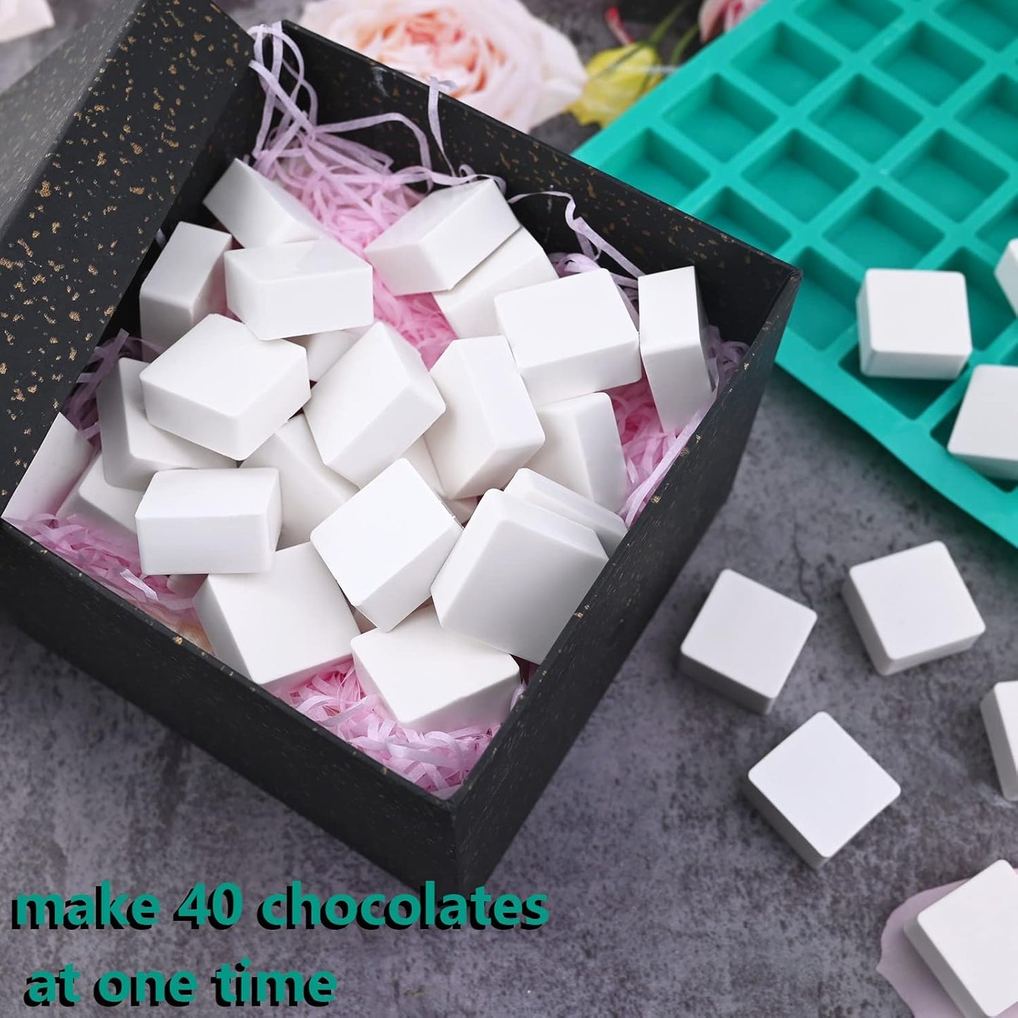 Sakolla Square Chocolate Mold, 40 Cavities Silicone Cube Mold for Chocolate, Candy, Caramel, Ice Cubes, Ganache, Gummy