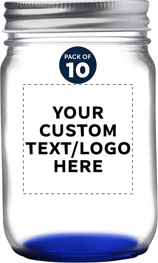 DISCOUNT PROMOS 10 Decorating Mason Jars Set, 12 oz. - Customizable Text, Logo - Canning, Aluminum Lid - Blue