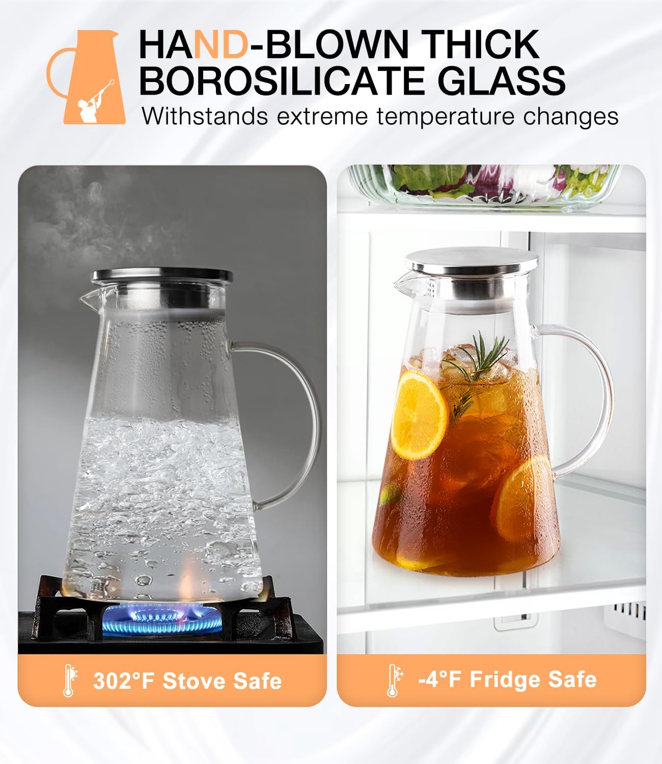 Glass Pitcher with Lid and Handle, 2 Liter 68oz Water Pitcher with Spout for Fridge, Borosilicate Glass Jug for Hot/Cold Drink, Large Ice Tea Carafe for Juice, Coffee, Sangria, Beverage