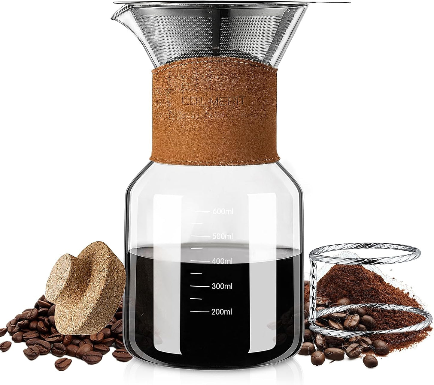 Pour Over Coffee Maker with Double-Layer Stainless Steel Filter, 20 oz Pour Over Coffee Dripper, Glass Carafe with Vintage Leather Collar and Cork Lid & Filter Stand for Espresso