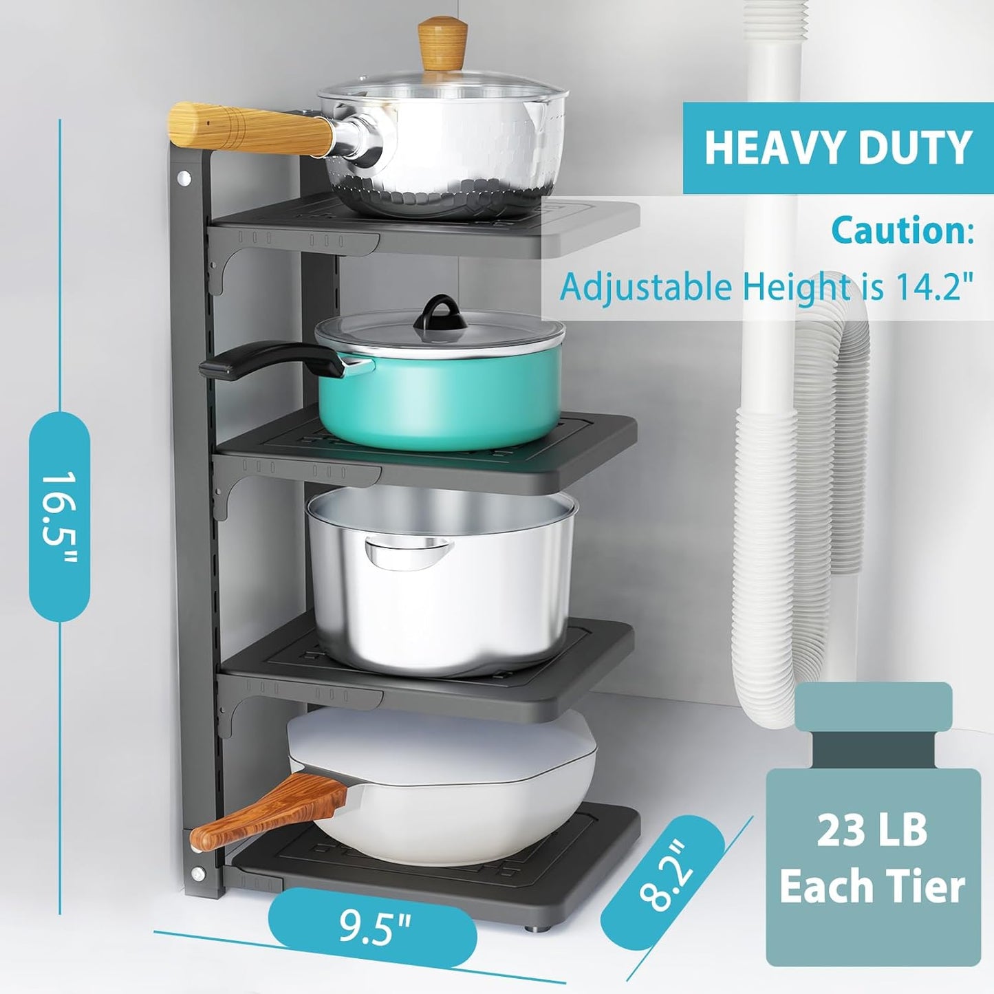 Pot and Pan Organizer Rack for under Cabinet, Heavy Duty Pot Pan Rack under Sink Organizers and Storage, Pot lid organizer, Kitchen Cabinet Organizer with 4 Adjustable Tiers