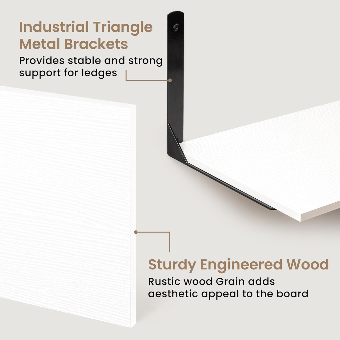 Fun Memories Floating Shelves for Wall, 12 Inch Deep Floating Shelves Set of 2, Wall Mounted Shelf with Metal Brackets, Rustic Wood Wide Shelf for Bathroom, Kitchen and Living Room, White, 24W x 12D