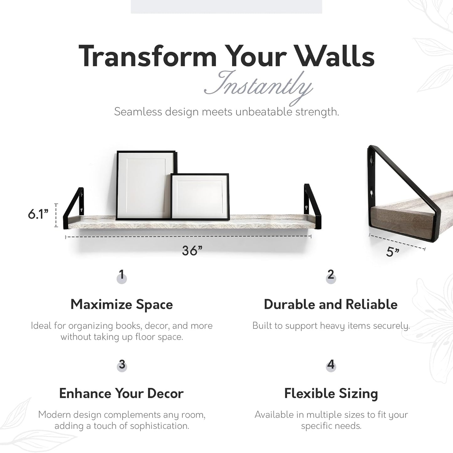 InPlace Wall Mounted Shelf, 36" x5" x 6.1", Rustic Real Wood Bracket Ledge, Distressed White Finish, Heavy-Duty Floating Shelf for Living Room, Bathroom, or Kitchen 9602098E