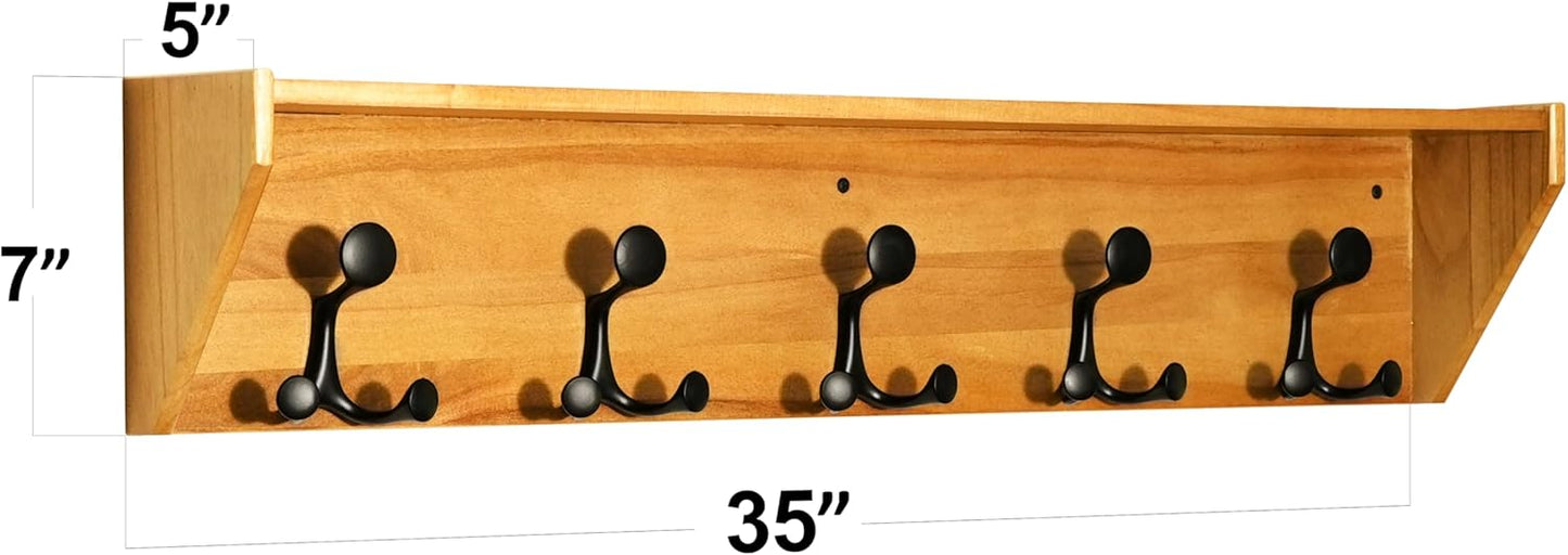 SKOLOO Wall Shelf with Hooks, 35-Inch Brown Coat Rack Wall Mount with Shelf Organizer - Lightweight & Sturdy, 5 Tri Hooks - Perfect for Entryway, Hallway, Living Room, Bedroom, Mudroom