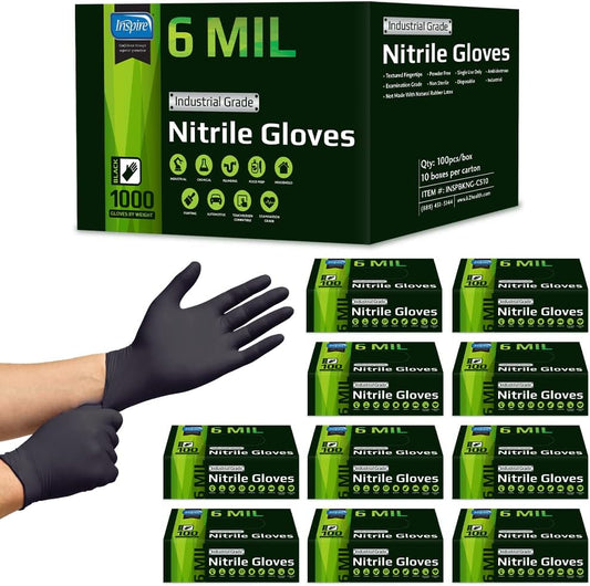 Inspire HEAVY DUTY ORIGINAL Stretch Nitrile Black Gloves Disposable Latex Free | Food, Mechanic, 6mil Black or 8 Mil Orange