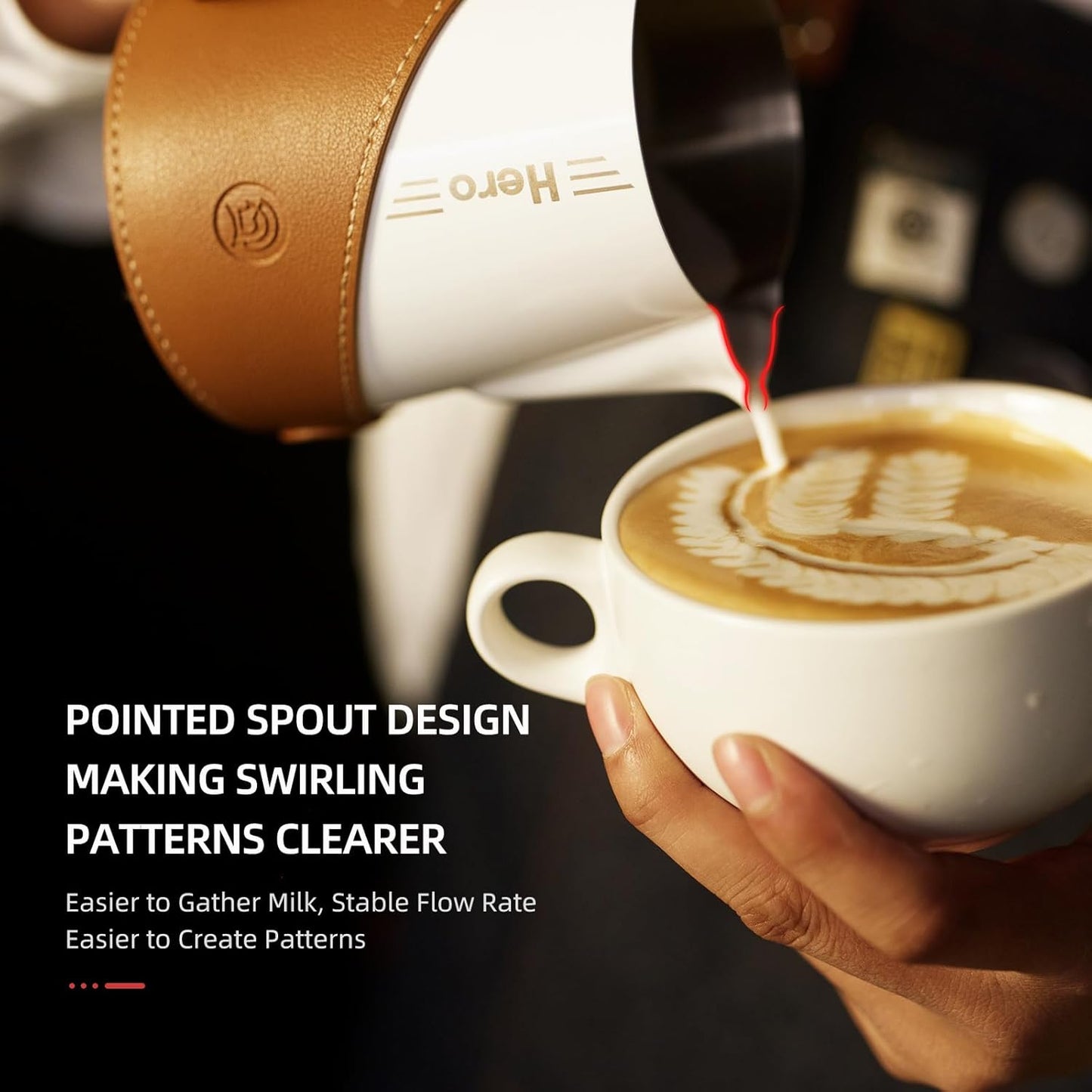 Milk Frothing Pitcher 450ml/16oz 304 Stainless Steel Espresso Steaming Pitcher with PU Leather, Milk Frothing Jug,milk frother cup,Milk Jug Cup,Premium Barista Tools,Latte Art (WHITE,16oz)