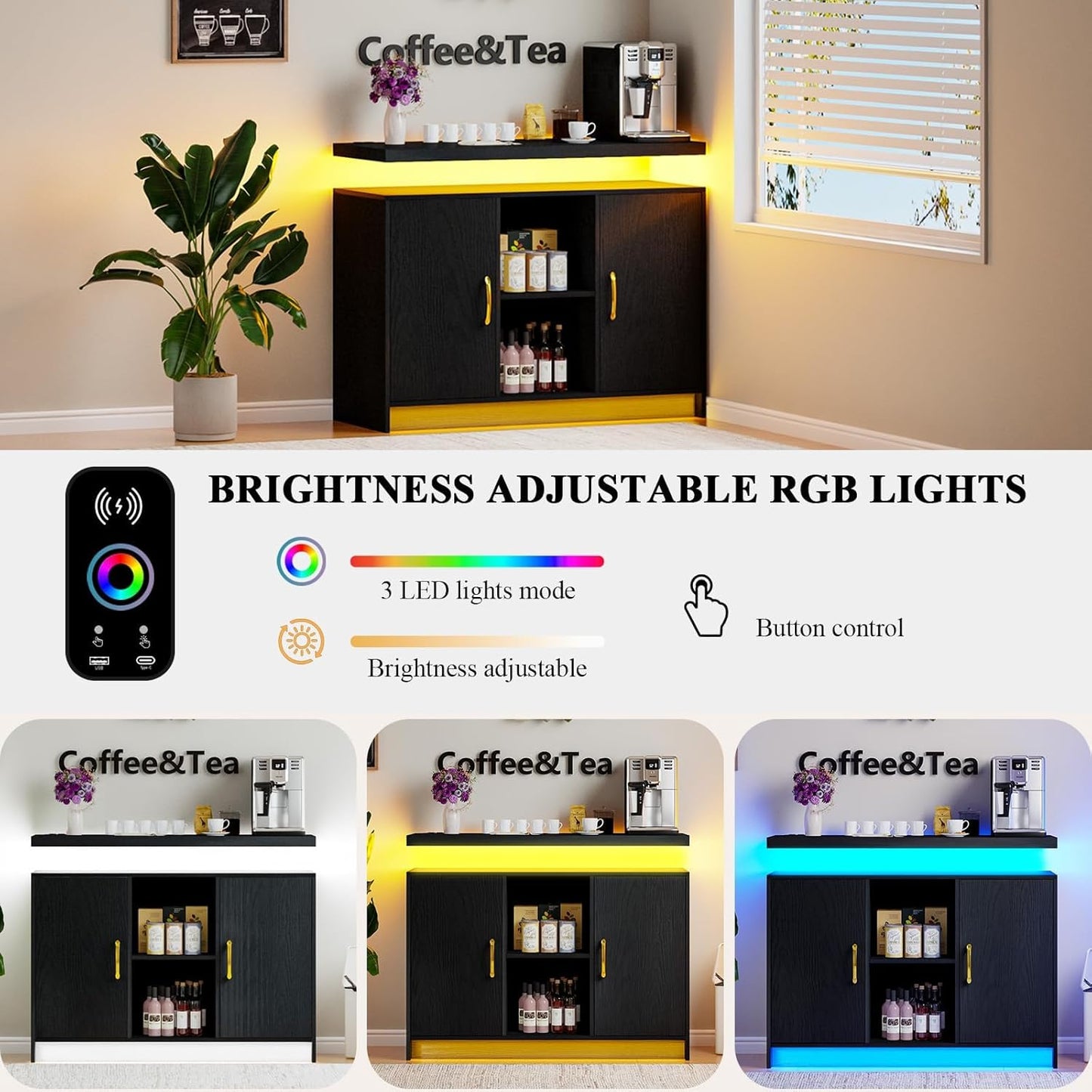 4 EVER WINNER LED Coffee Bar Cabinet, Sideboard Buffet Cabinets with Storage, Modern Cabinet with Charging Station, Black Coffee Bar for Kitchen, Dining Room