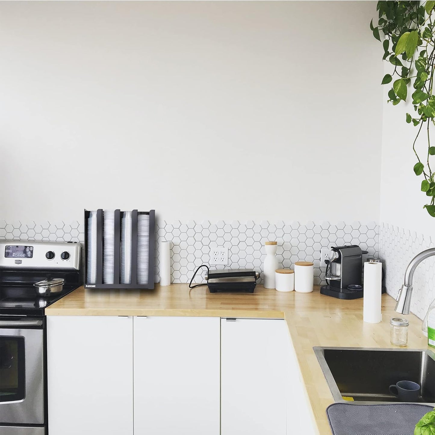 PJHOME Portion Sauce Cup Lid Organizer 4 Compartments Plastic Sauce Cup Holder for Counter Wall Mount Disposable Cup and Lid Storage Restaurant Supplies