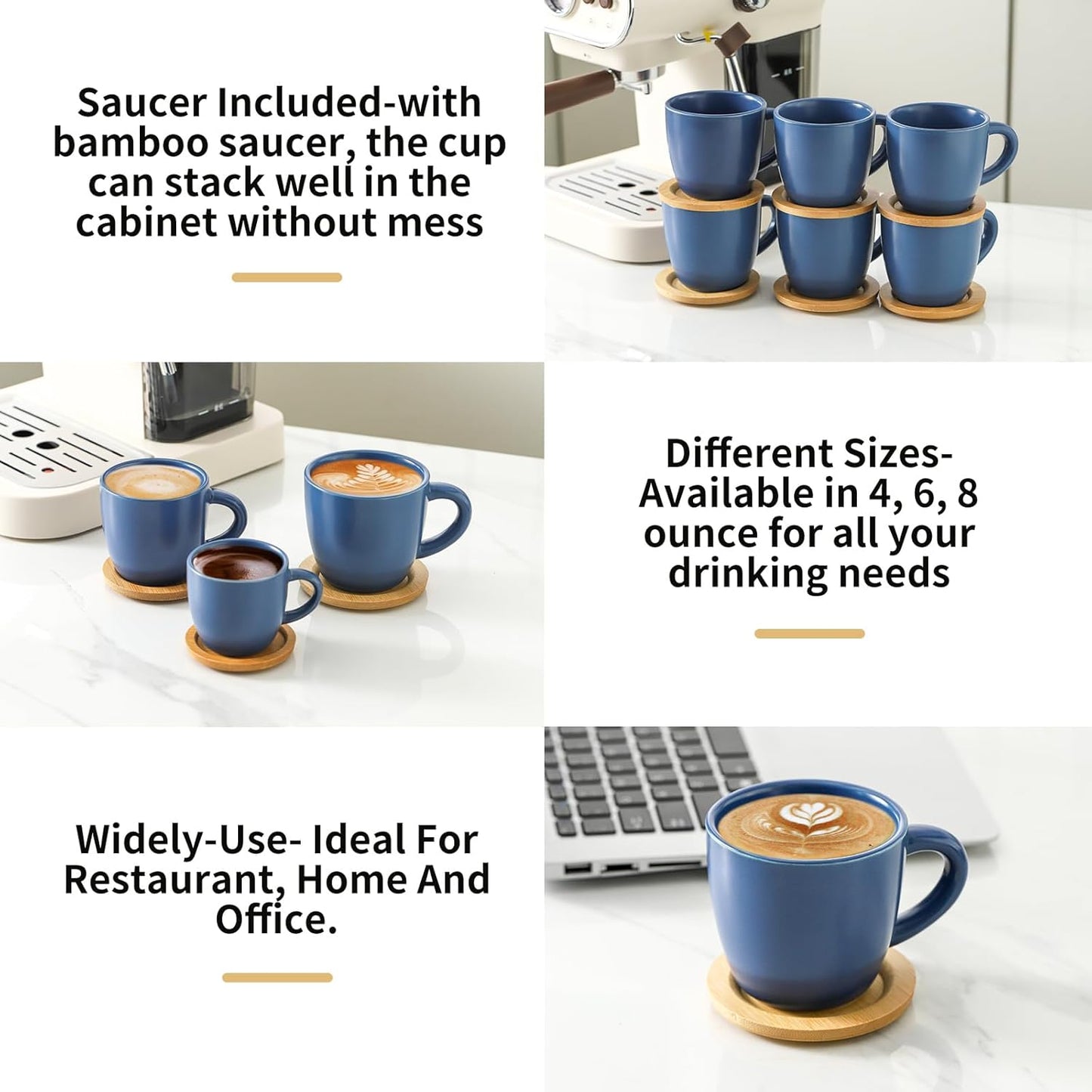 Hasense 8 oz Tea Cups and Saucers Set of 6, Ceramic Coffee Cups Latte Cappuccino Cups with Handle for Double Shot, Cafe Mocha, Espresso, Porcelain Coffee Cups for Party Home and Kitchen, Blue