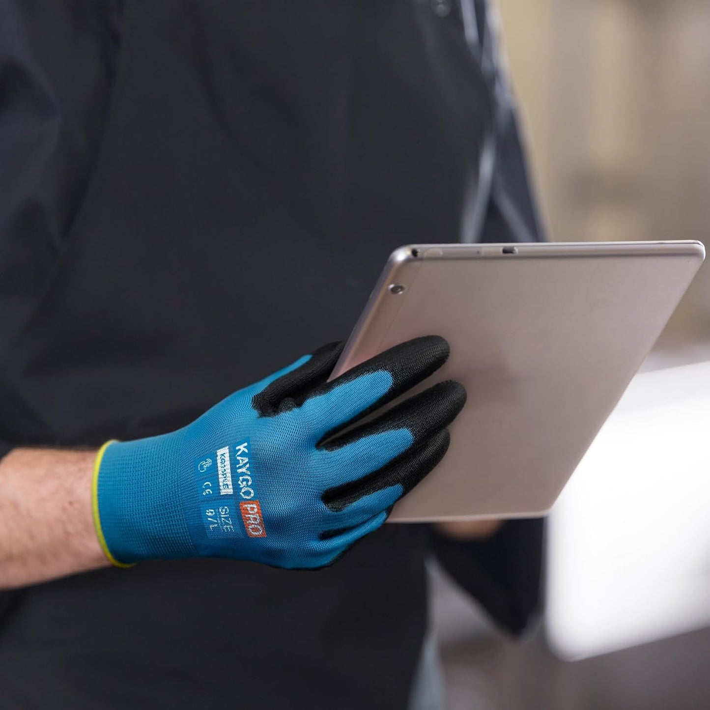 KAYGO Safety Work Gloves PU Coated for Men and Women- KG11P,12 Pairs,Seamless Knit Glove with Two Fingers Touchscreen,Ideal for General Duty Work (Blue,L)