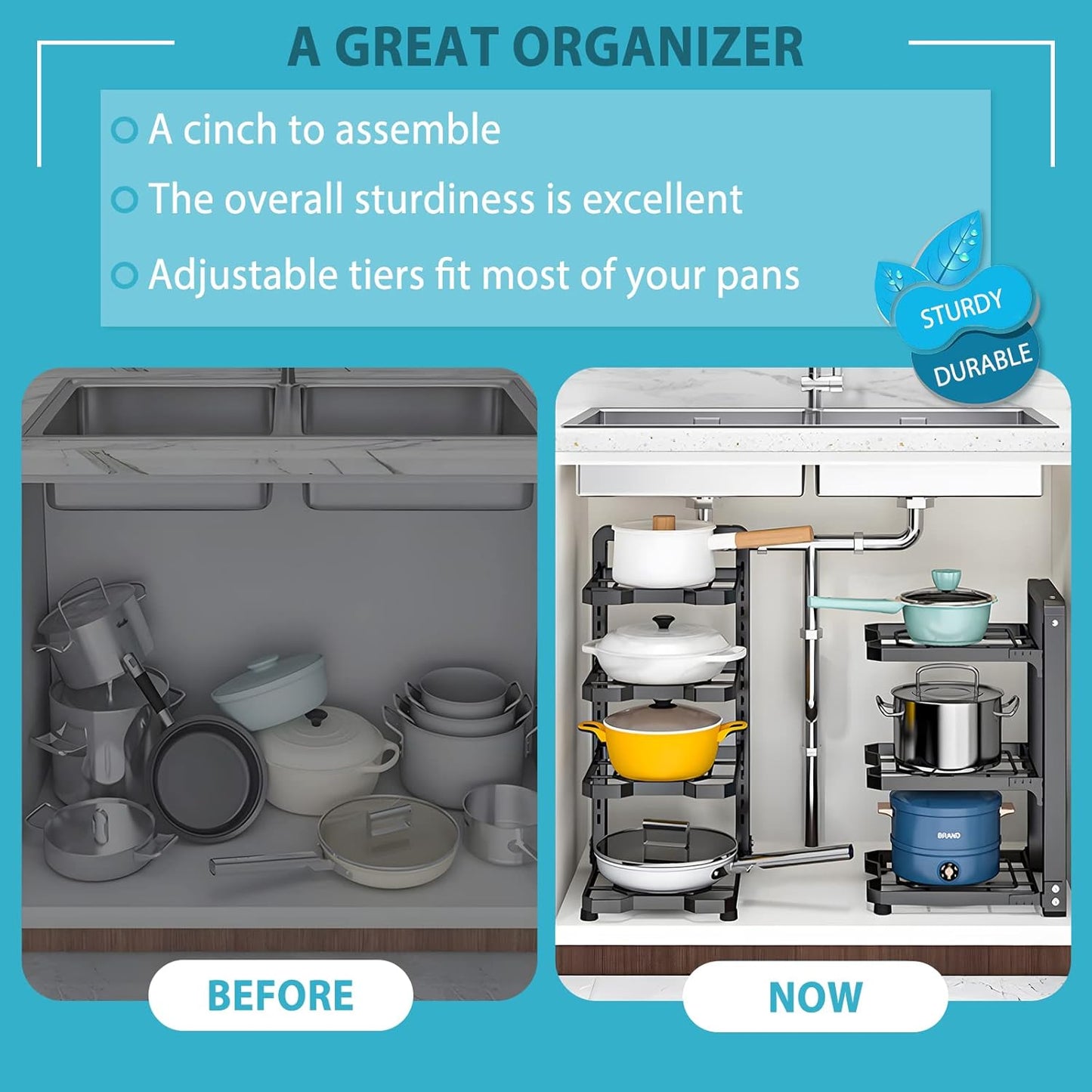 2 Pack Pot and Pan Organizer Rack, Heavy Duty Carbon Steel, Adjustable Tiers, Rustproof, Space Saver