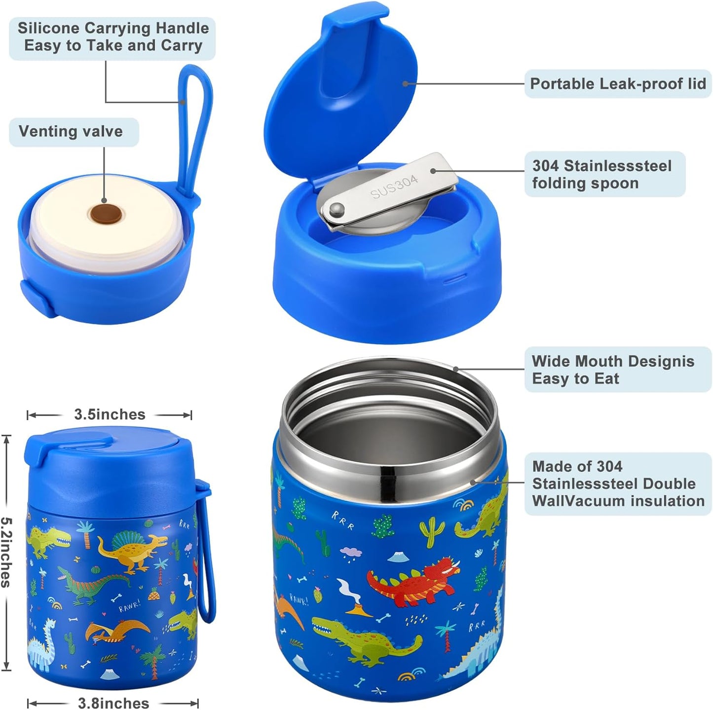 17oz Soup Thermo for Hot Food Kids,Insulated Food Jar with Spoon,Thermo Hot Food Lunch Container,Wide Mouth Leakproof Stainless Steel Lunch Box for School-Dinosaur