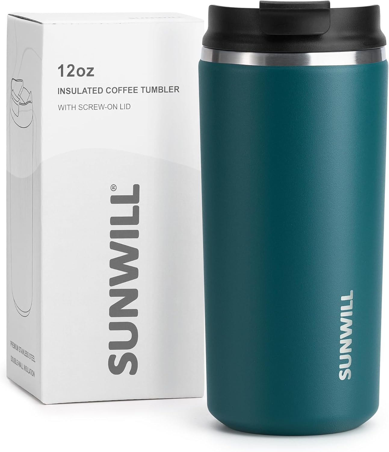 SUNWILL Insulated Coffee Mug with Lid, Leak Proof Tumbler Stainless Steel, 12 oz Travel Cup for Office, Home, Powder Coated Peacock Blue