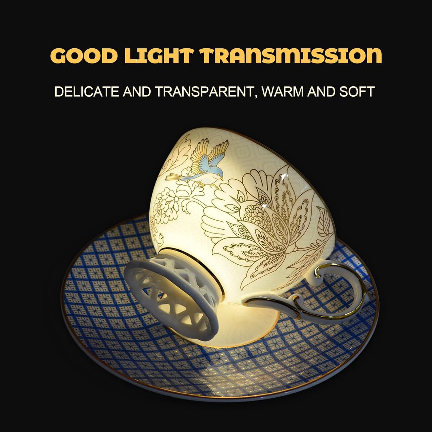 ACMLIFE Bone China Tea Cup and Saucer Set for 1, Vintage Floral Tea Cup with Saucer, Spoon and Gift Box, 6.8 oz (Blue B)