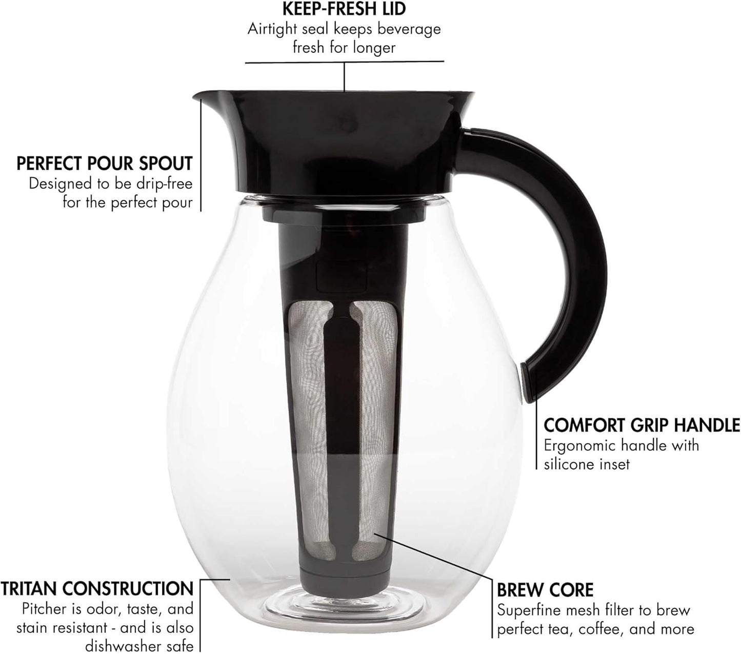 Primula The Big Iced Tea Maker and Infuser, Plastic Beverage Pitcher with Leak Proof, Airtight Lid, Fine Mesh Reusable Filter, Made without BPA, Dishwasher Safe, Black