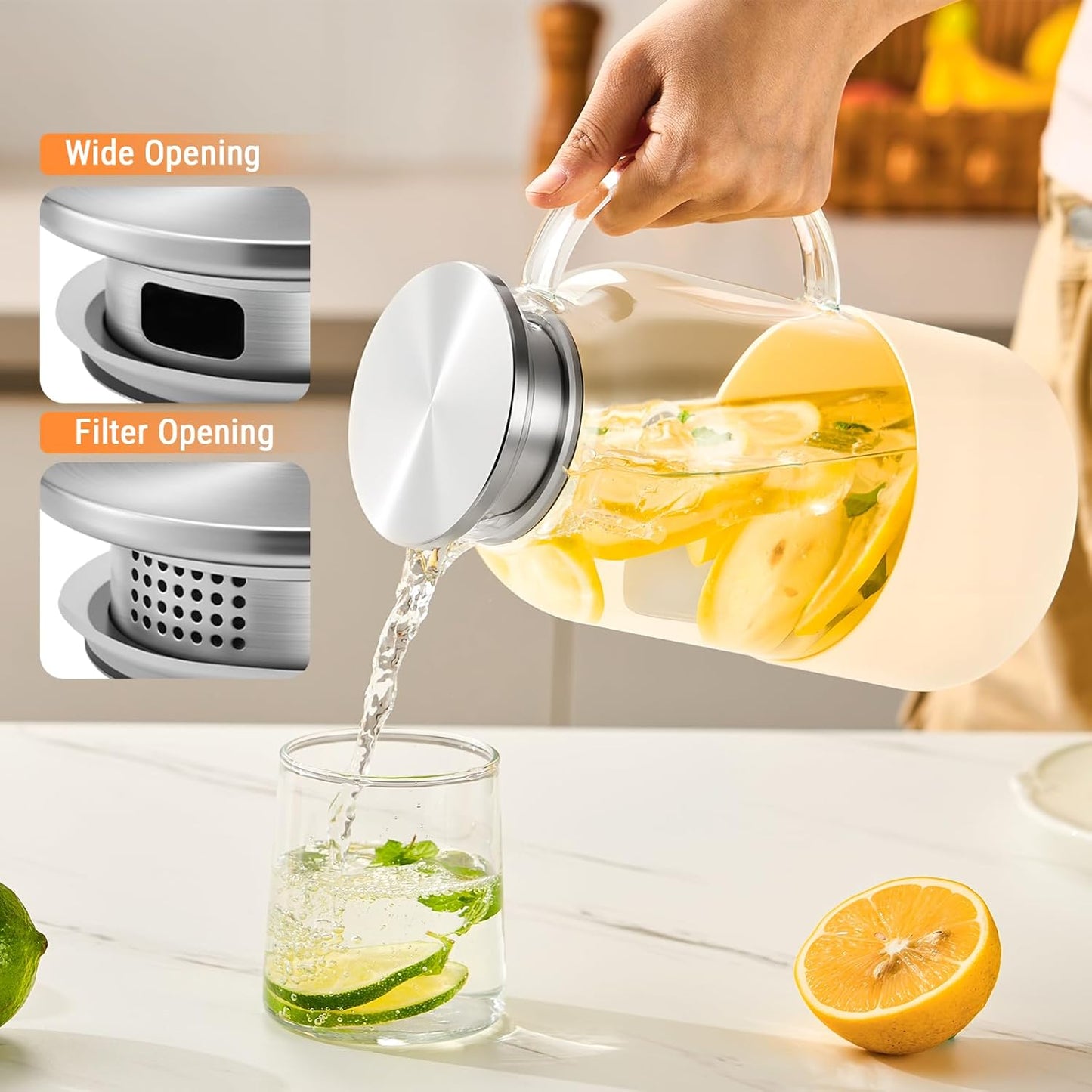 PARACITY Water Jug Water Pitcher with Silicone Base 61oz/ 1.8L, Hot& Cold Glass Pitcher with Lid and Handle, Glass Carafe with Lid for Coffee, Juice, Lemonade and Milk (Off-white base)