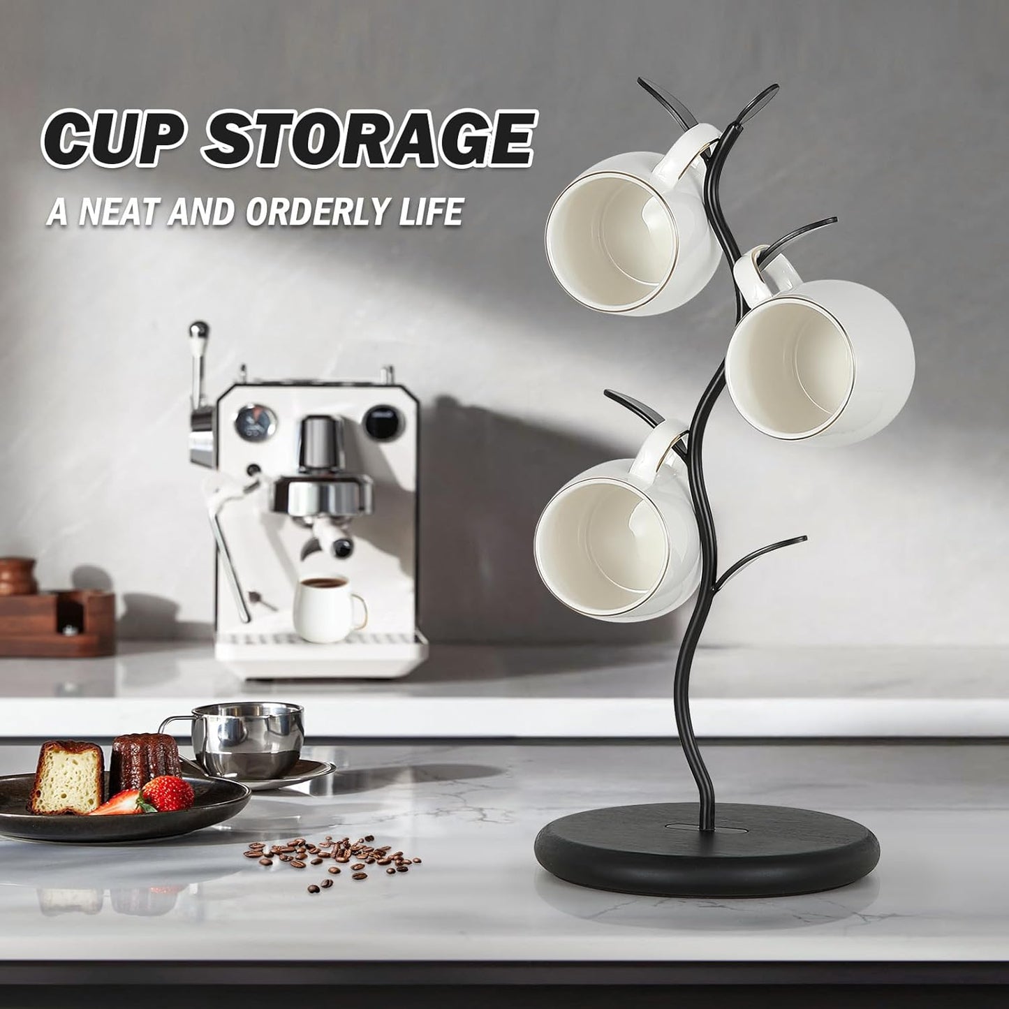 Mug Holder, Countertop Mug Tree, Coffee Mugs & Tea Cup Storage Rack, Coffee Counter Bar Accessory & Kitchen Organizer (Midnight Black)