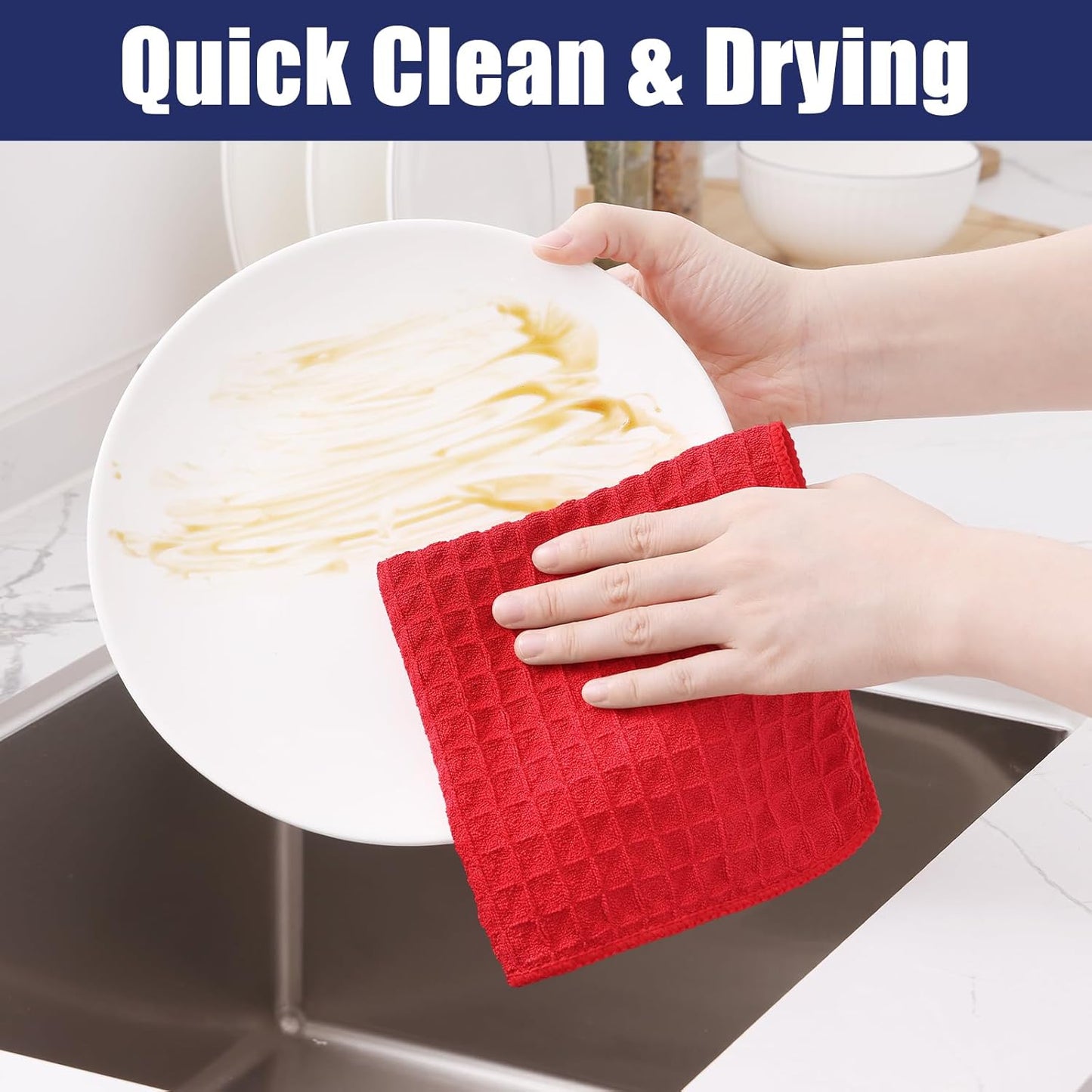 Homaxy Microfiber Waffle Weave Kitchen Towels, 16 x 28 Inch Ultra Absorbent and Solid Color Dish Towels, 6 Pack, Red