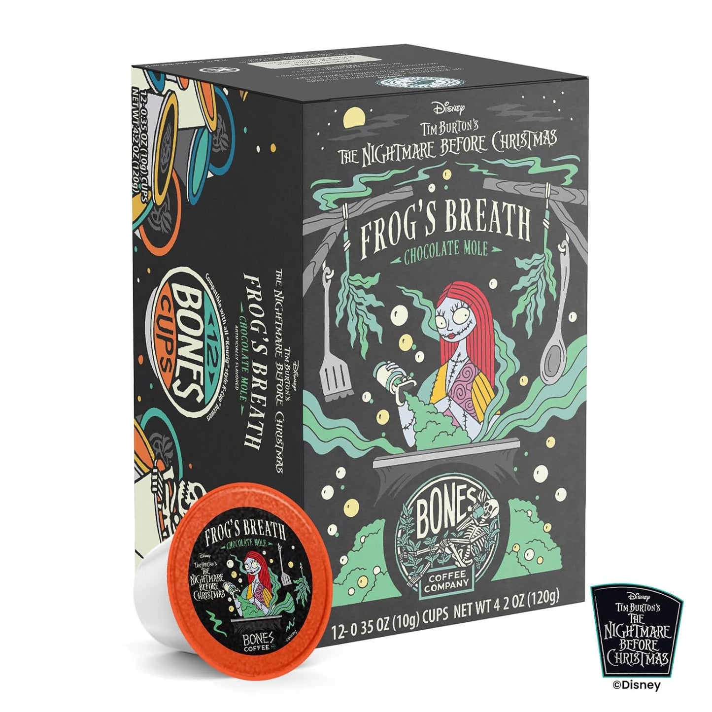 Bones Coffee Company Frog's Breath, Chocolate Mole Flavored Coffee Pods, Low Acid Medium Roast Single-Serve Bones Cups for K-Cups Brewers Coffee Maker from The Nightmare Before Christmas, 12 Count
