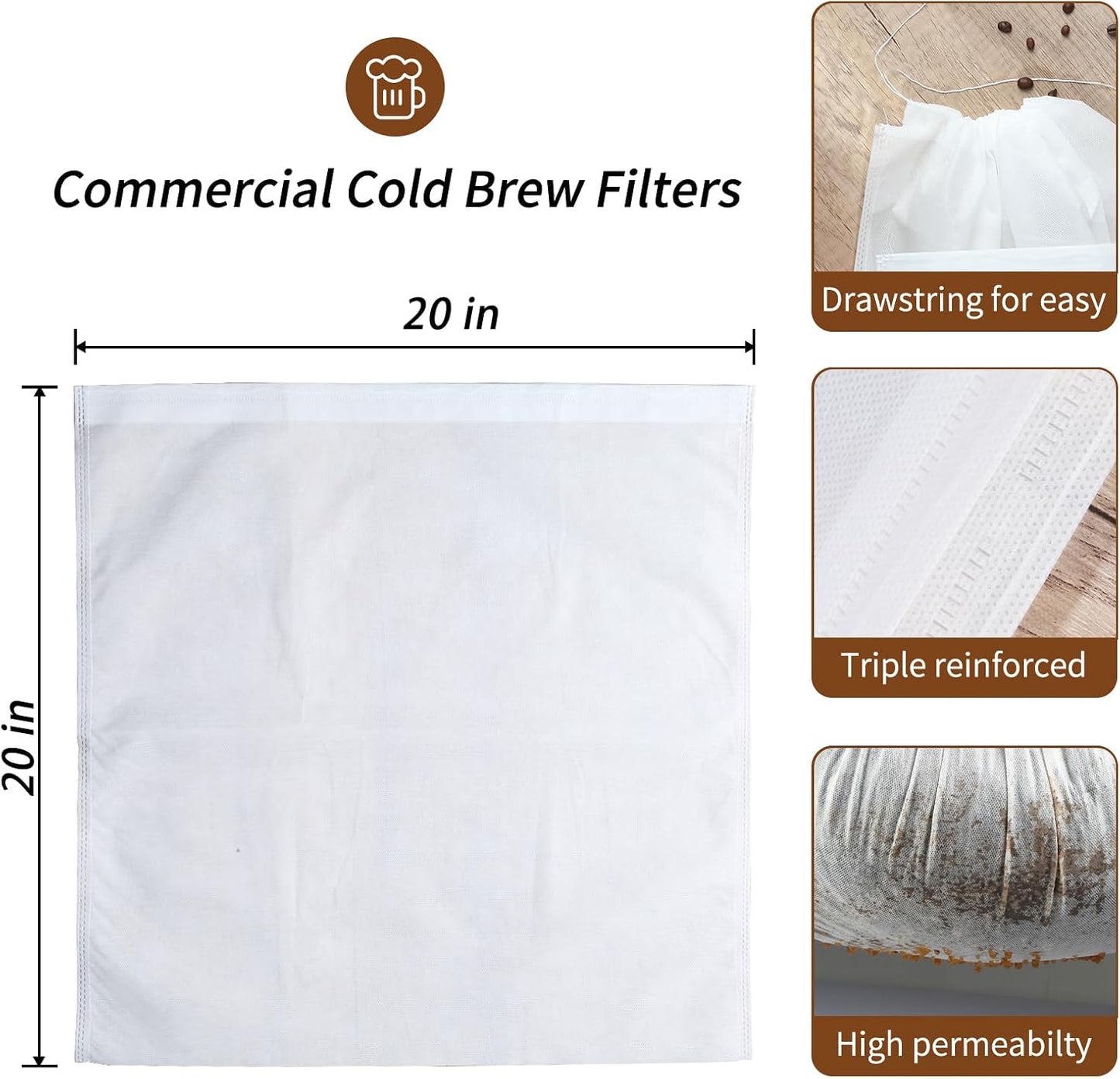 50Pcs Commercial Cold Brew Coffee Filters for 5 Gallon Buckets, 20" X 20" Disposable Coffee Filters with Drawstring for Brew Up To 5 LBS Coffee
