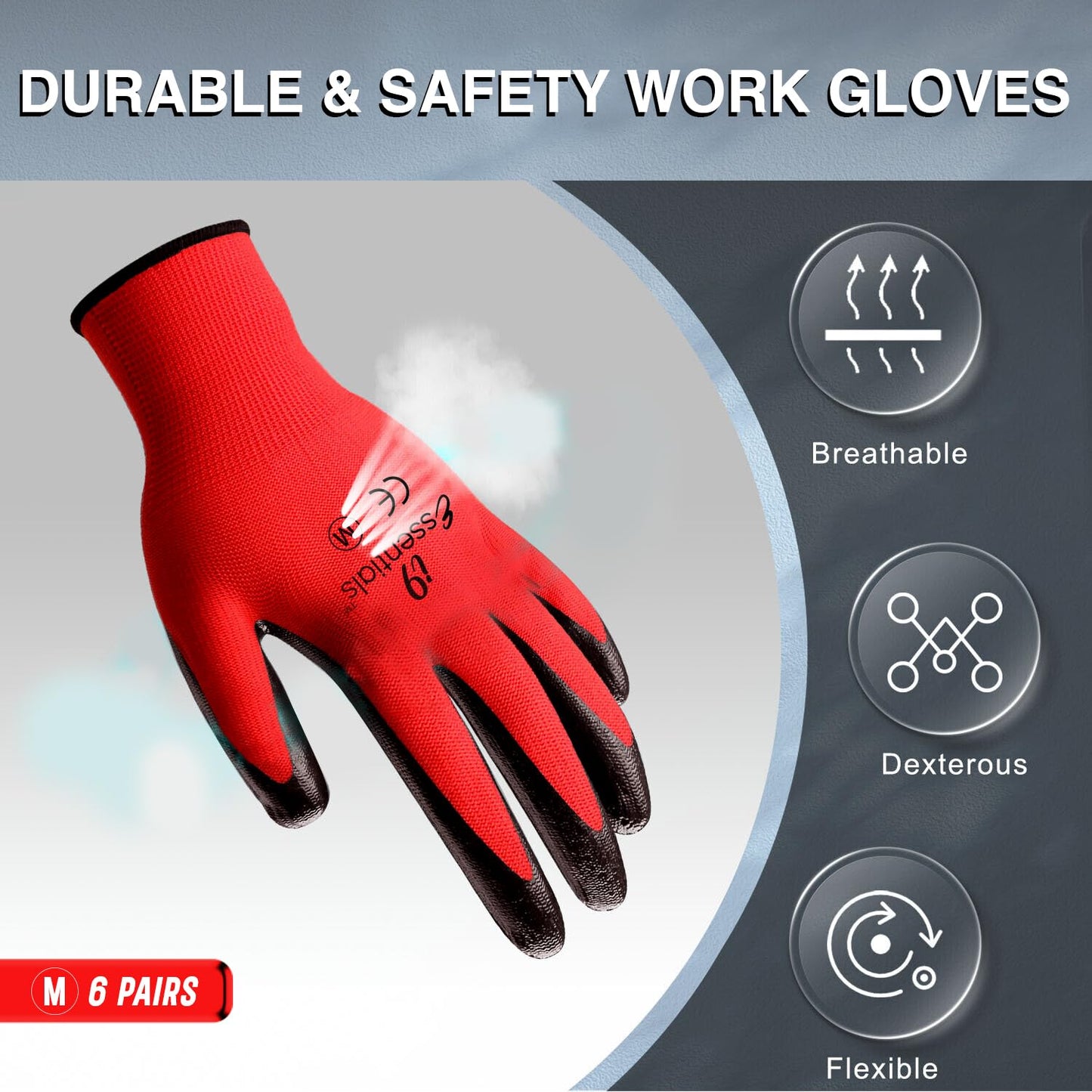 I9 Essentials 6 Pairs - Medium PU-Coated Seamless Work Gloves Lightweight Safety Gloves with Grip - Gardening, Construction, Woodworking