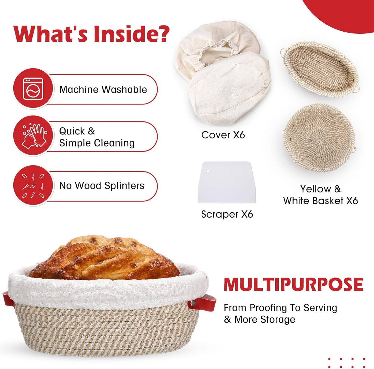 Gejoy 6 Set Cotton Rope Banneton Bread Proofing Basket with Cloth Liner and Plastic Scraper Banneton Dough Sourdough Proofing Bowls Kit for Home Sourdough Bakers (Round, Oval, 9'', 10'')