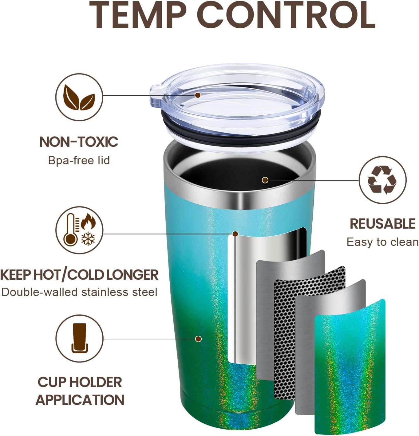 MEWAY 20oz Tumbler 12 Pack Double Wall Vacuum Insulated Travel Glitter Mug Bulk, Stainless Steel Tumblers with Lid and Straw, Powder Coated Coffee Cups for Woman(Gradient Green,Set of 12)