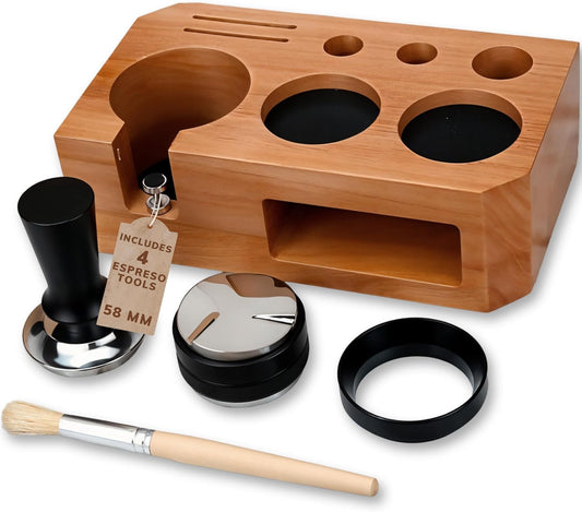 Espresso Tamping Station With Tools - 58mm - Includes Coffee Tamper, Distributor, Dosing Funnel & Brush - Wooden Coffee Tamper Station - Espresso Organizer & Portafilter Holder