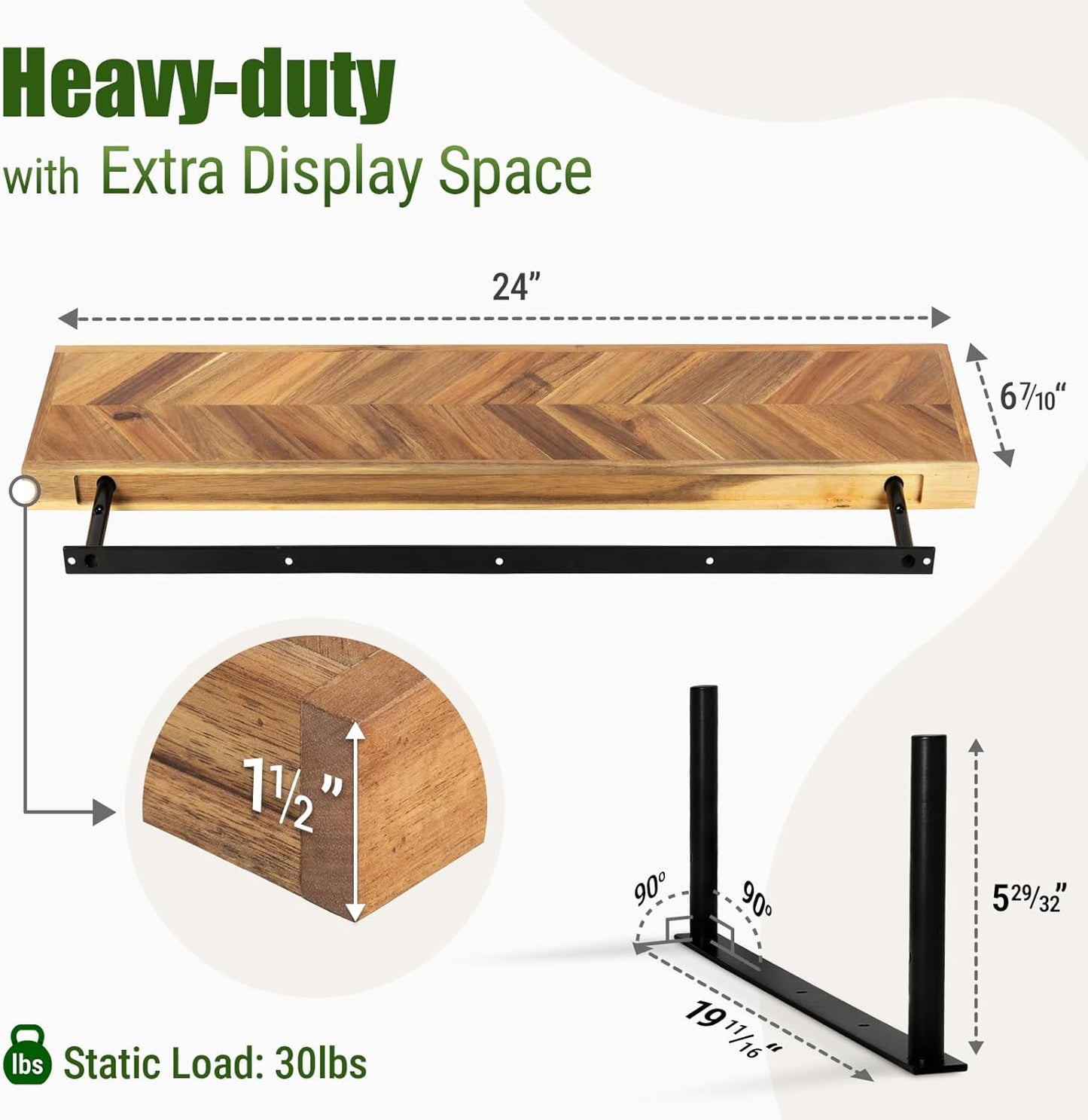 24" Acacia Chevron Floating Shelves Set of 2 - Wall Mounted Wooden Shelf for Stylish Home Décor - Natural Color - 24x6.7x1.5 Inches