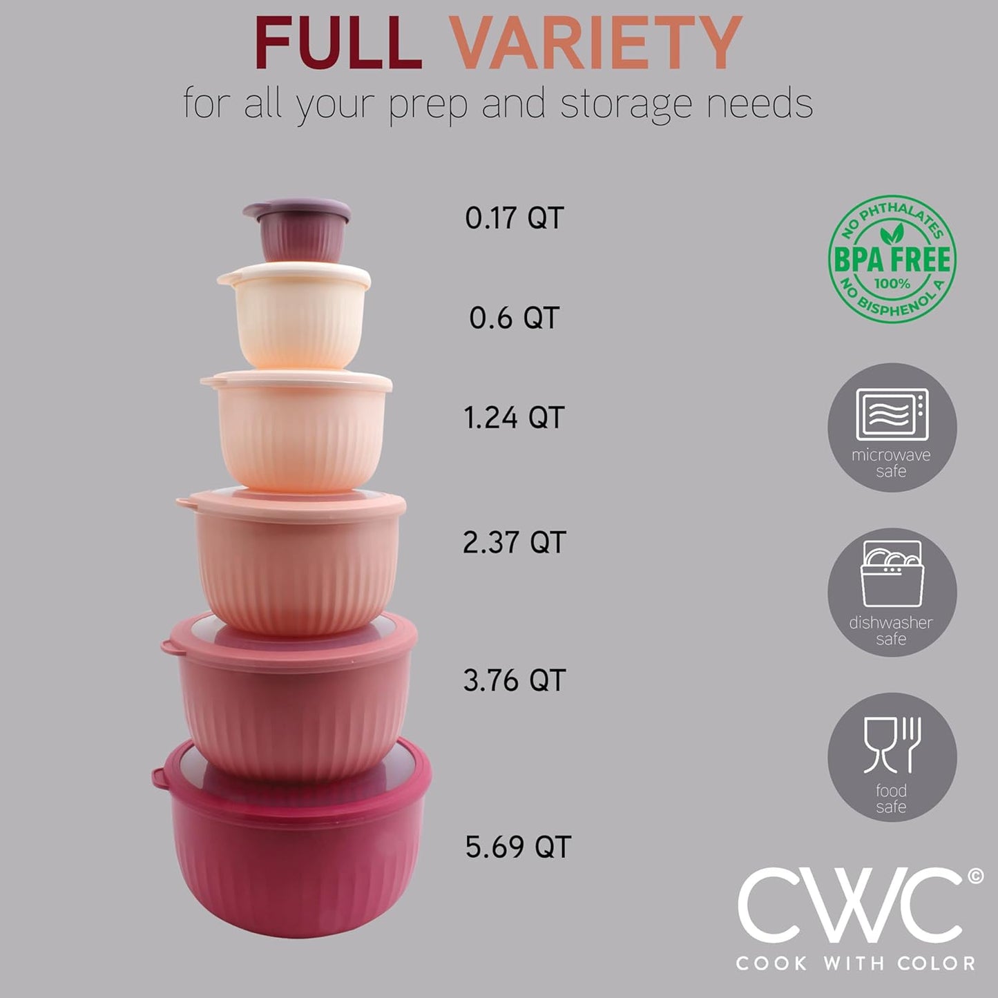 COOK WITH COLOR Prep Bowls with Lids- Wide and Deep Nesting Plastic Small Mixing Bowl Set with Lids, 12 Piece Set - Deep Bowls, Rose