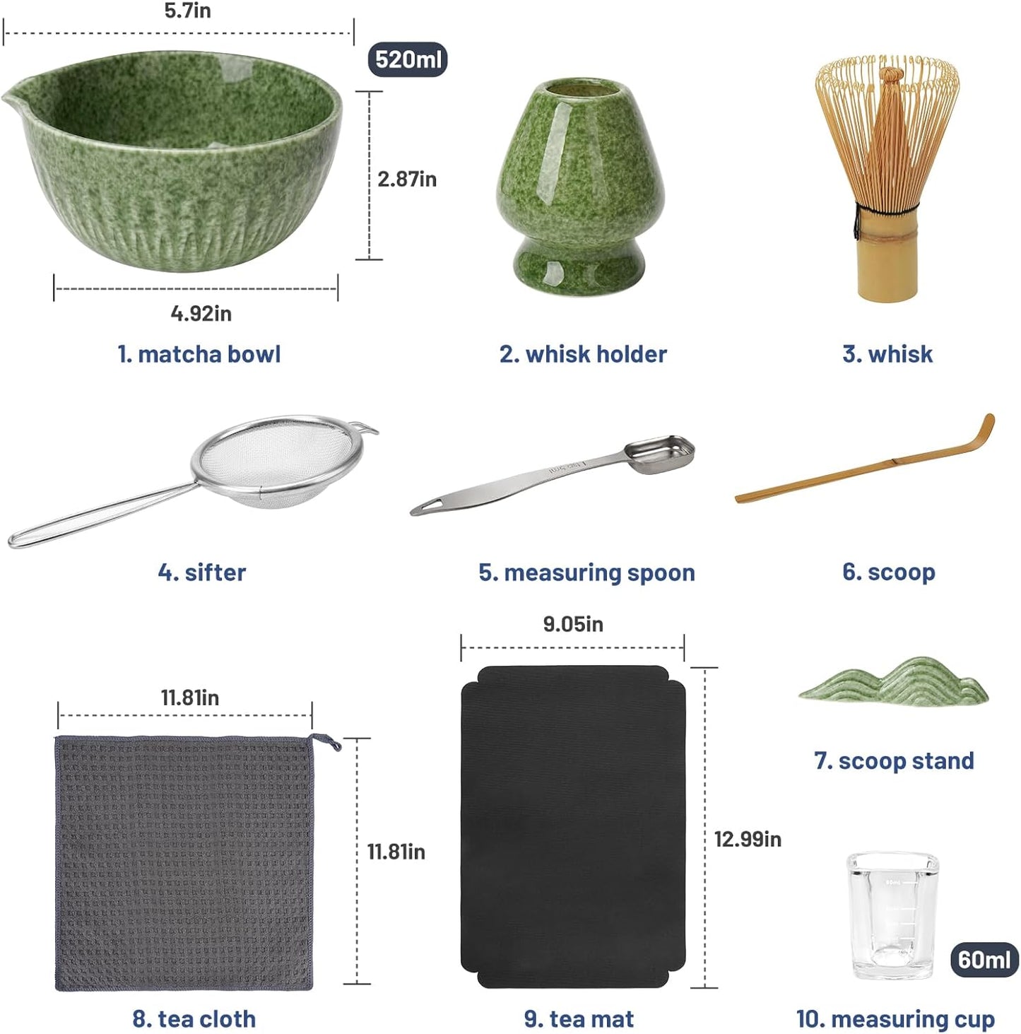 10-Pcs Matcha Kit Set, Whisk and Bowl with Spout & Measuring Spoon, Japanese Tea Making Tools, Complete Matcha Gift Set for Starter, Mottled Green