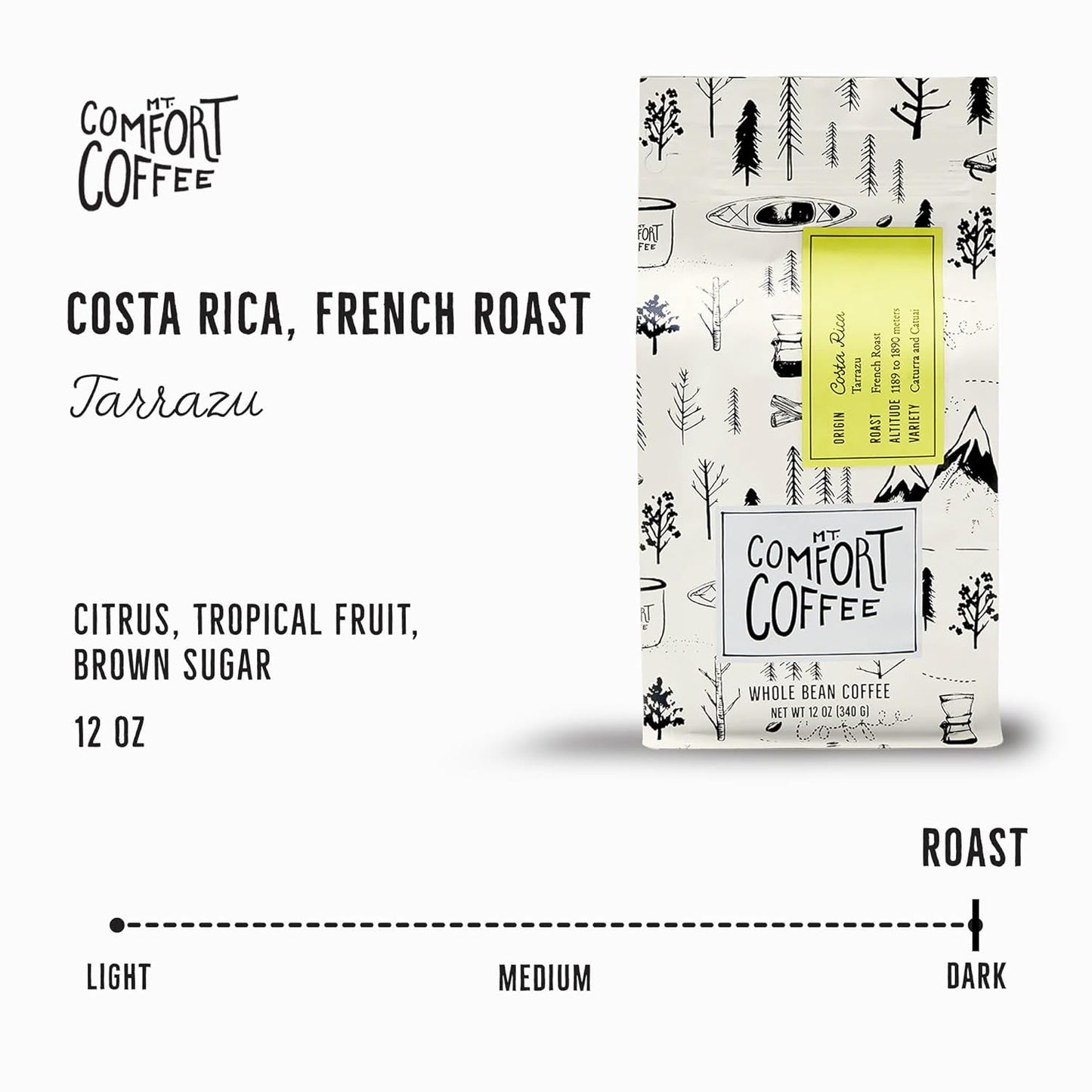 Mt. Comfort Coffee Costa Rica French Roast, 12 Ounce - Notes of Citrus, Tropical Fruit, & Brown Sugar - Premium Roasted Whole Beans