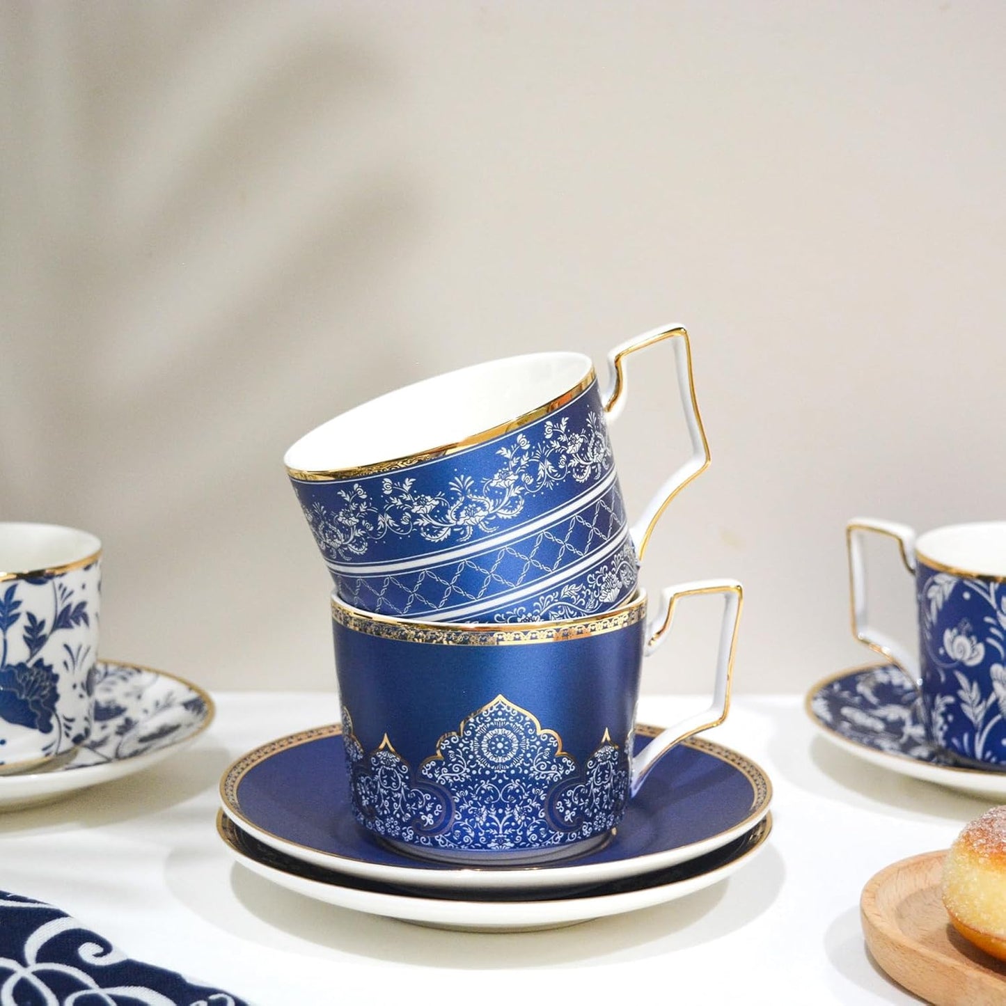 ACMLIFE Bone China Tea Cups and Saucers Set of 4, 6.8 oz Blue and White Tea Cups Set of 4, with Gold Trim and Gift Box (Blue-4)