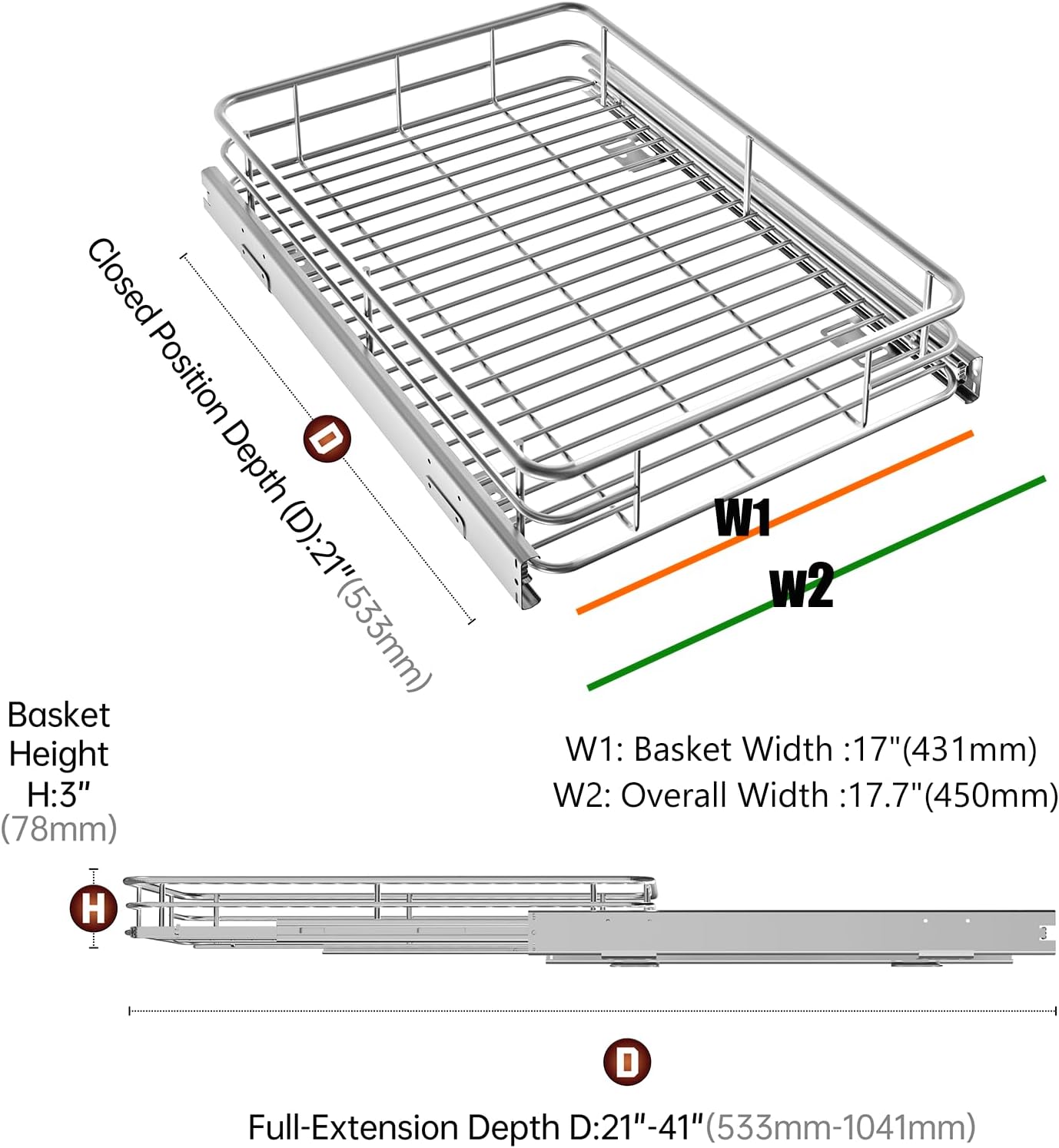 Heavy-Duty Premium Slide Out Shelves, Metal Roll Out Shelves for Kitchen Cabinets, Anti-Rust Chrome Finish (17" W x 21" D)
