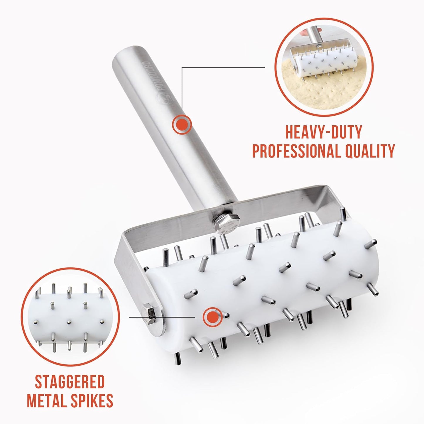 Chef Pomodoro Stainless Steel Pizza Dough Docker Roller (21 x 14.5 cm, Spike Length 7 mm) - Essential Kitchen Tool for Crackers Chef Pomodoro Stainless Steel Pizza Dough Roller