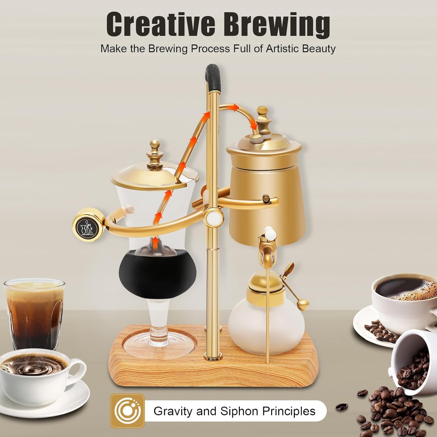 Belgian Syphon Coffee Maker, Belgian Belgium Royal Family Balance Syphon Siphon Coffee Maker Vacuum Brewing System w/Measuring Cup & lcohol Burne, Classic Gold