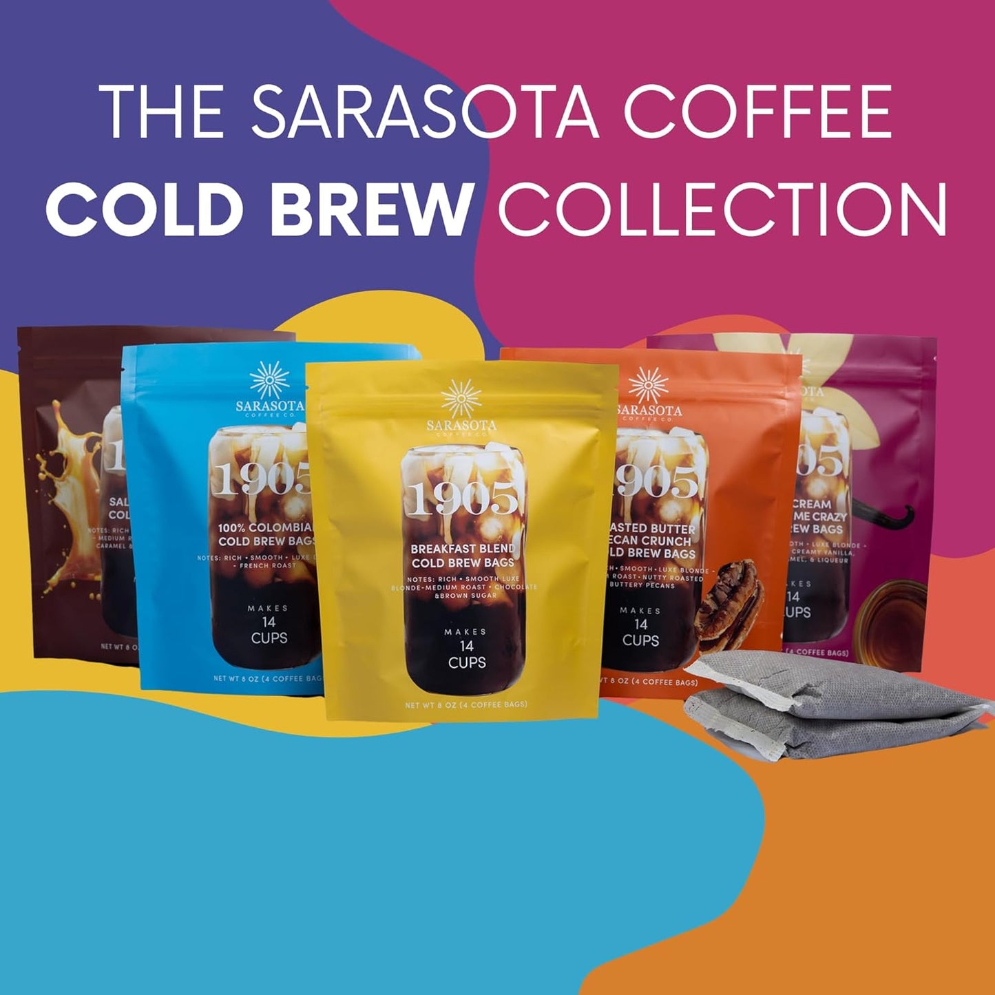 Sarasota Coffee 1905 Cold Brew Coffee Bags | Breakfast Blend Blonde-Medium Roast | 100% Arabica | Smooth & Low Acid | Ground Pouches | Cold Brew Kit Makes 14 Cups | Rich & Smooth Flavor