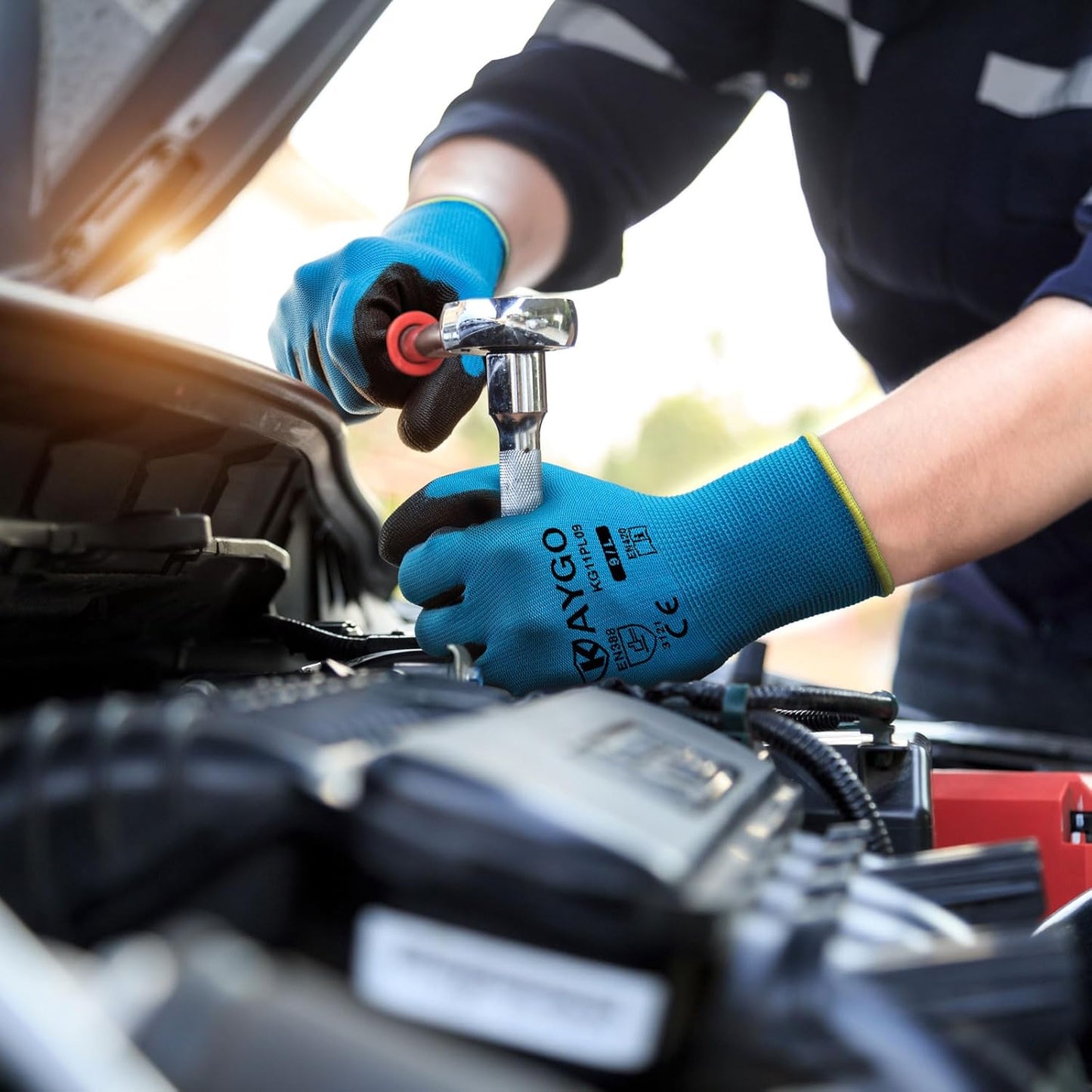 KAYGO Safety Work Gloves PU Coated,12 Pairs KG11PB, Seamless Knit Glove with Polyurethane Coated Smooth Grip on Palm & Fingers, for Men and Women, Ideal for General Duty Work (Medium,Blue)