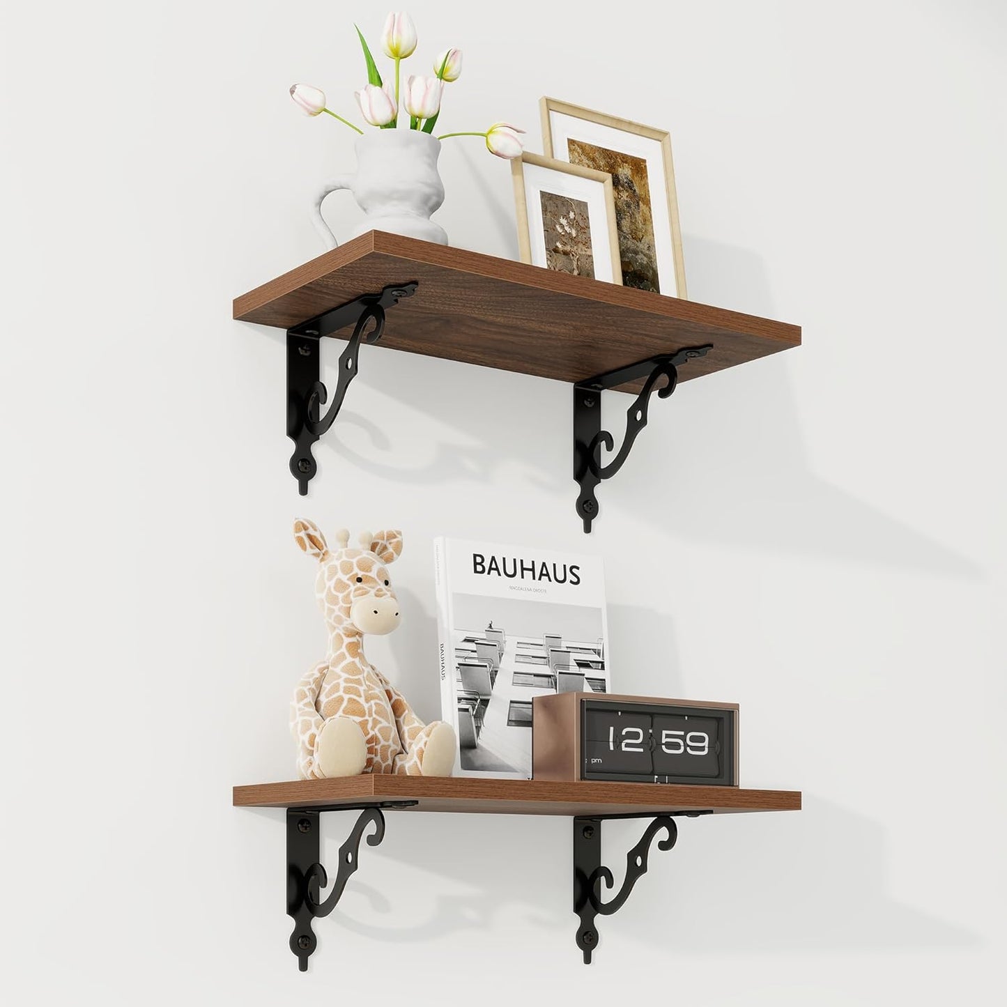 RICHFOCUS Floating Shelves for Wall Decor, 8 Inch Deep Shelves Set of 2, 16W x 8D Floating Shelves Wall Mounted with Metal Brackets, Rustic Wood Shelves for Living Room Bedroom Kitchen, Walnut