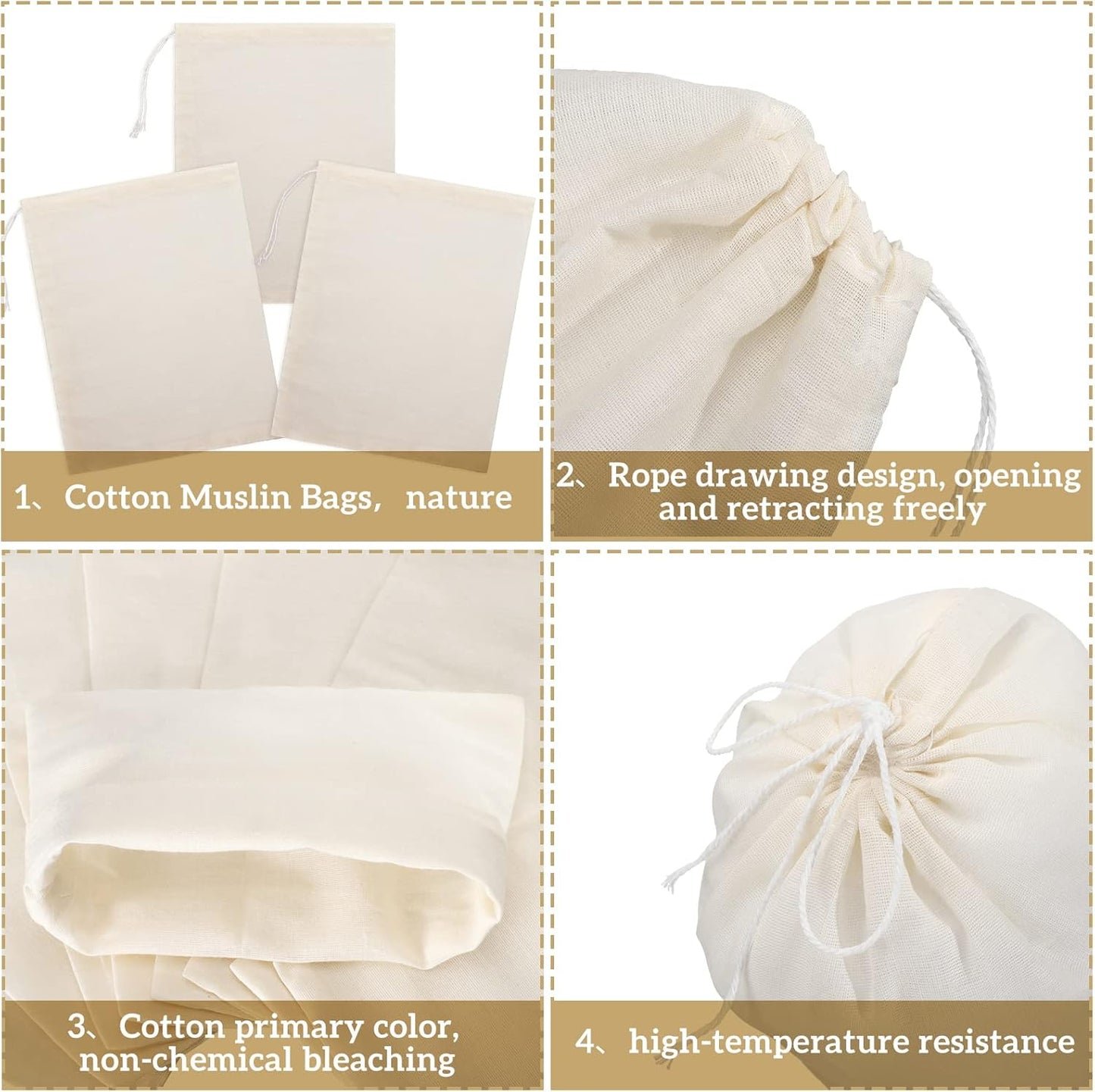 Boao 50 Pcs Cheese Cloth Tea Bags 6 x 8 inch for Straining Reusable Tea Filter Loose Empty Soup Spice Bags for Cooking Cold Brew Coffee Muslin Strainer