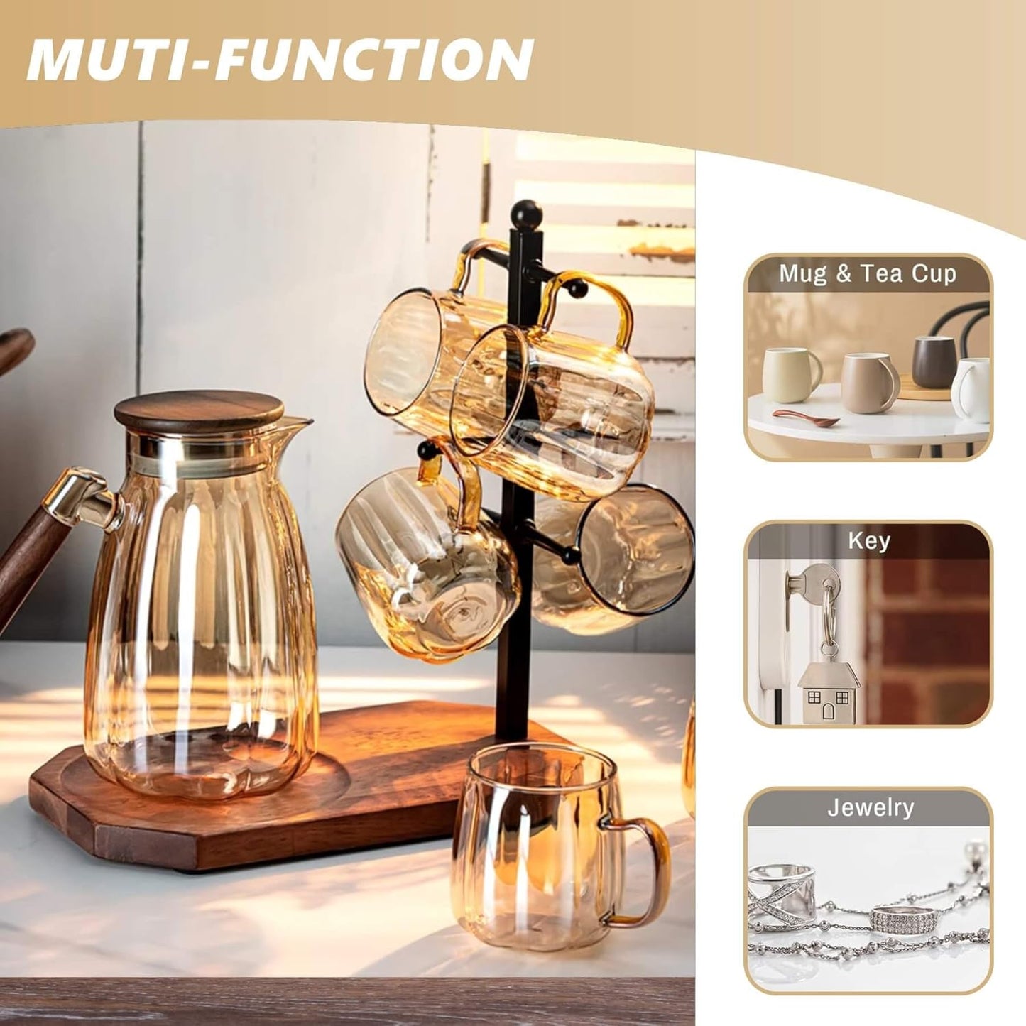 Mug Tree for Large Mugs With 6 Hooks and Coffee Pot Tray - Multi-Function Stand for Counter, Bar Accessory & Kitchen Organizer