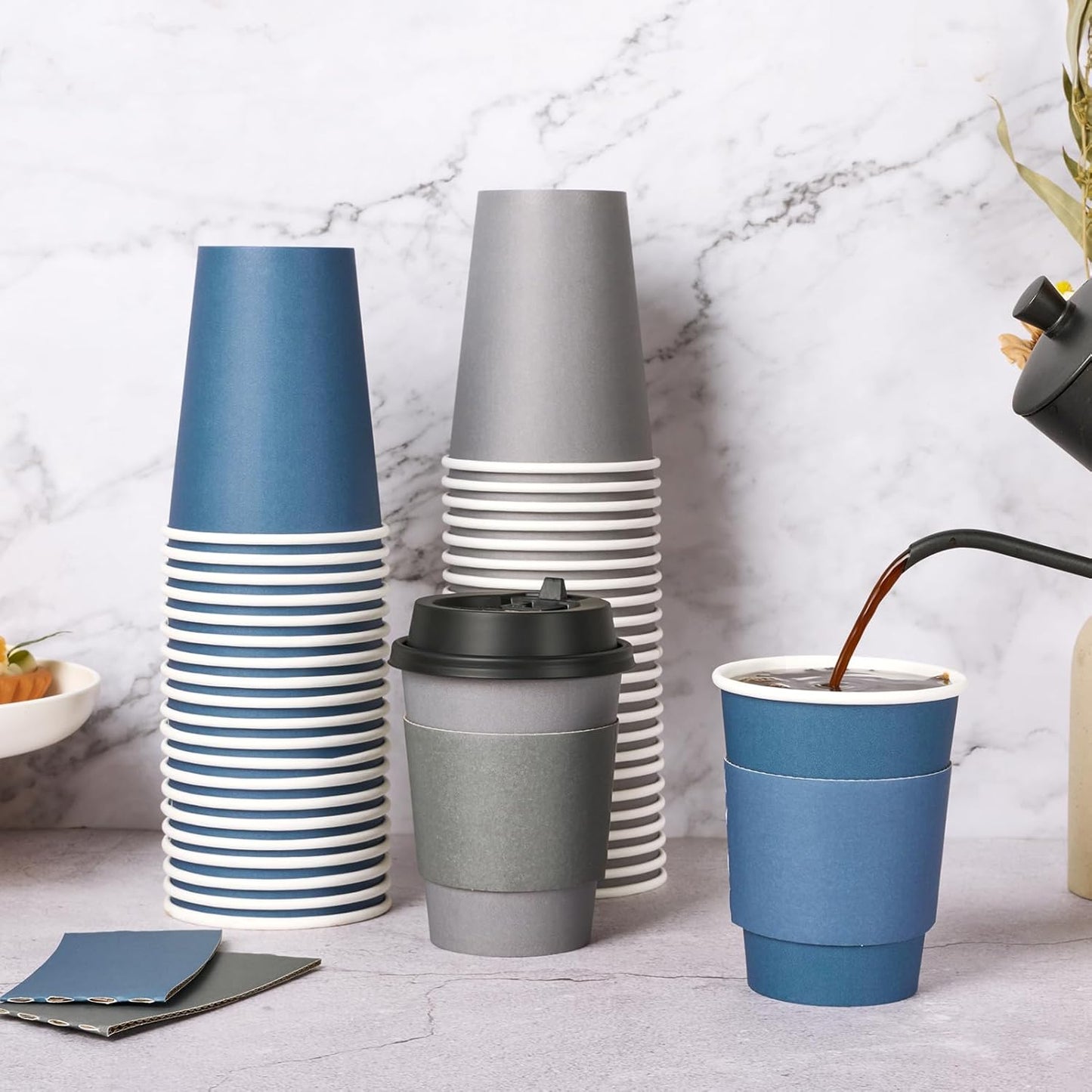 LITOPAK 100 Pack 12 oz Disposable Paper Coffee Cups with Lids, Sleeves and Stirring Sticks for Hot Coffee, Water or Juice, Blue and Gray Hot Paper Cups for Cafes, schools, offices, shops