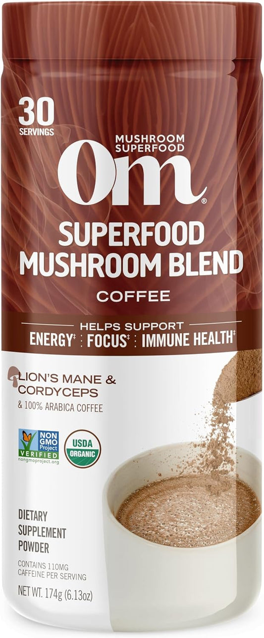 OM MUSHROOM SUPERFOOD Coffee Blend Mushroom Powder, 6.24 Ounce Canister, 30 Servings, Organic Arabica Beans, Lion's Mane, Cordyceps, Turkey Tail, Ginkgo Biloba, Supports Energy and Focus