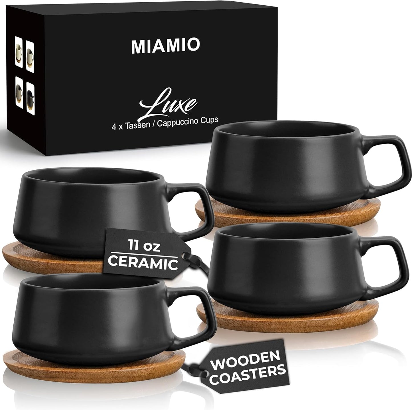 MIAMIO – 11 Oz., Set of 4 Ceramic Tea Cup and Saucer Bamboo/Tea Mug - Wide Cappuccino Cup, Coffee Cups Ceramic Mug for Cappuccino, Latte, Espresso & Americano - Luxe Collection (Black)