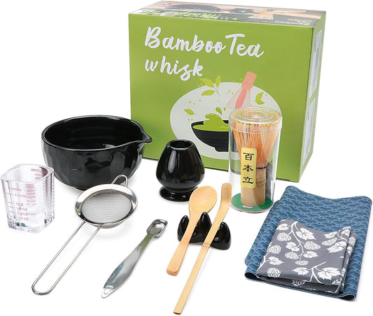 11 PCS Matcha Set Whisk and Bowl, Black Matcha Kit Set with Scoop & Holder,Ceramic Japanese matcha Tea set, Complete Gift set,Making Breakfast,Latte for Friend,Family,Tea Lovers