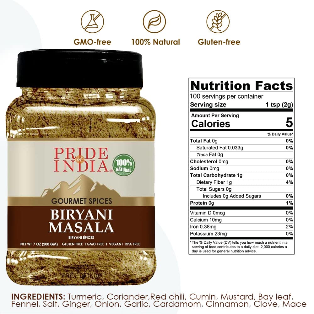 Pride Of India - PACK of 6 - Indian Biryani Masala Seasoning Spice - 7 oz. Medium Dual Sifter Jar - Easy to Use - Ideal for Layered Vegetable and Meat Pilaf – Suitable for Vegetarians & Vegans
