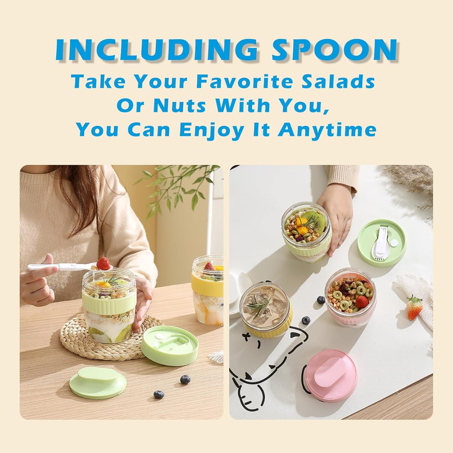 Breakfast On The Go Cups, Overnight Oats Containers With Lid And Folding Spoon, Take And Go Yogurt Cereal Snack Parfait Salad Containers For Lunch, Fruit & Vegetable Jar, 20 oz(Pink)