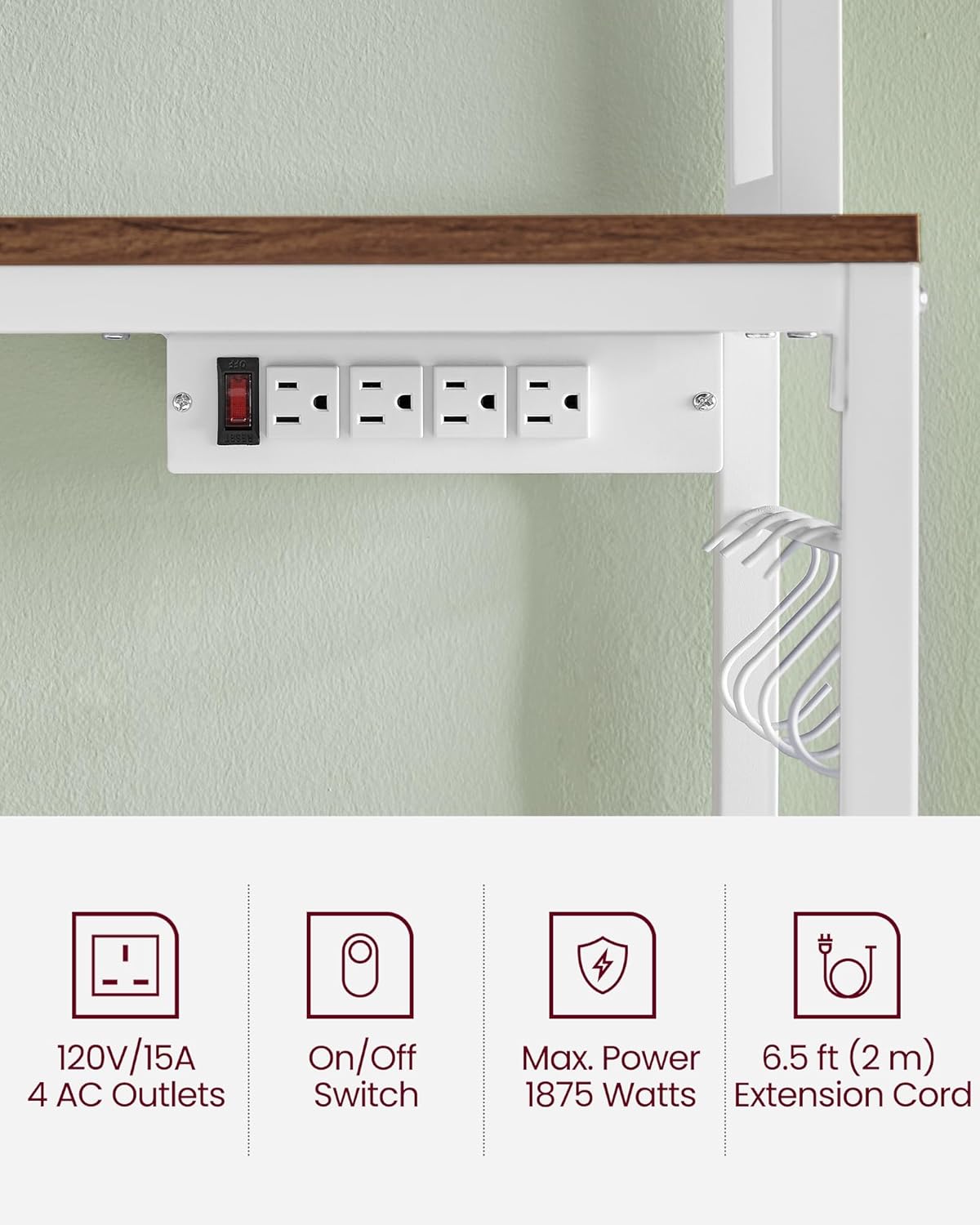 VASAGLE Hutch Bakers Rack with Power Outlet, 14 Hooks Microwave Stand, Adjustable Coffee Bar with Metal Wire Panel, Kitchen Storage Shelf, 15.7 x 39.4 x 66.9 Inches, Rustic Walnut and White UKKS038W41