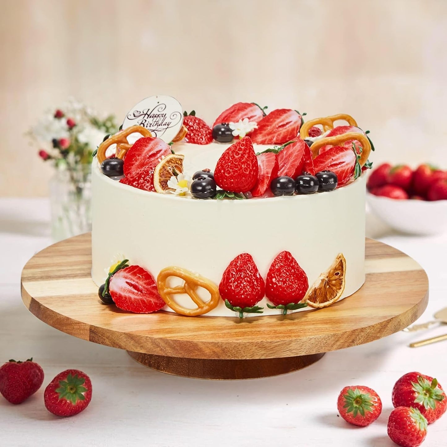 12" Acacia Wood Revolving Cake Stand, 2" High Rotating Cake Turntable with 2 Icing Spatulas, 3 Smoothers, Wooden Rotating Display Stand for Cake, Cupcake Decorating Supplies