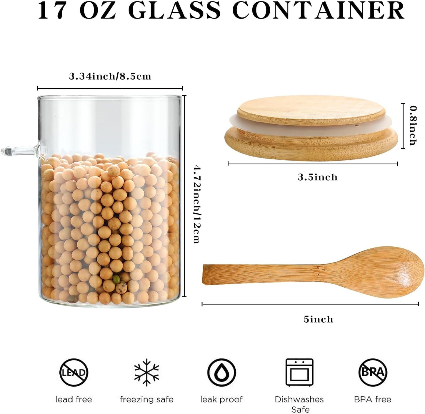 4 Pack Overnight Oats Glass Containers with Lids and Spoons, 17 OZ Glass Jars with Spoons and Lids for Loose Tea, Meal Prep Jars with Bamboo Cover for Chia Pudding, Yogurt